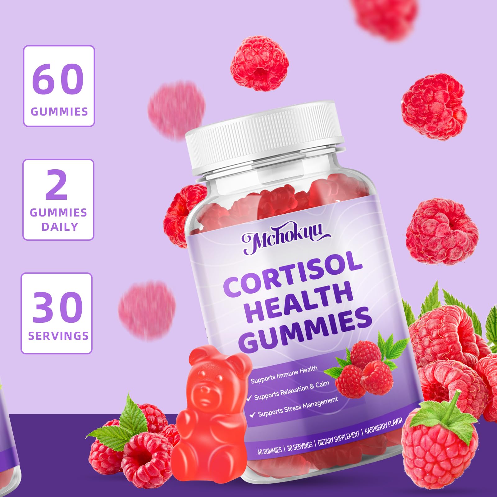 Gomitas Mchokuu cortisol veganas, fáciles de incorporar en la rutina diaria.