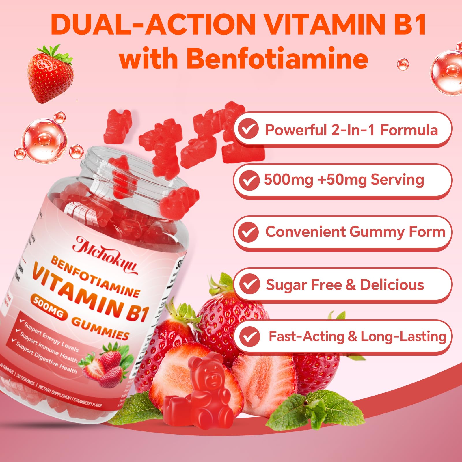 Mchokuu gominolas B1 con benfotiamina, opción vegana para estilo de vida activo.