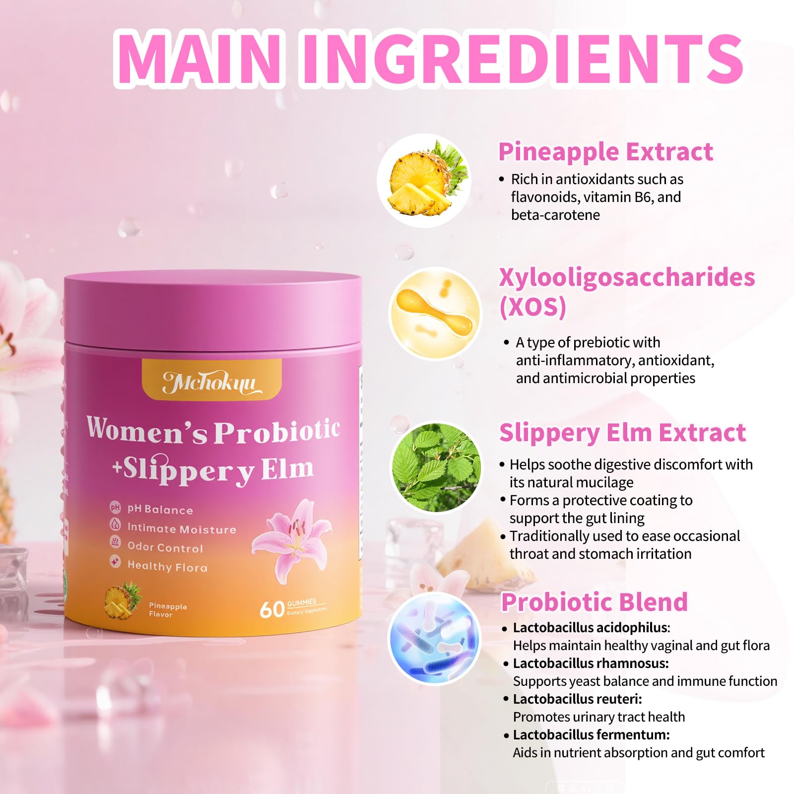 Lactobacillus en la mezcla de Mchokuu Her Juicy para flora intestinal.