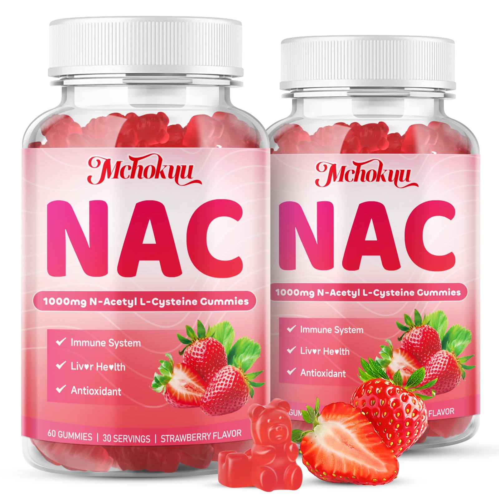 Mchokuu NAC Gomitas frente al frasco, apoyo diario al sistema inmune.
