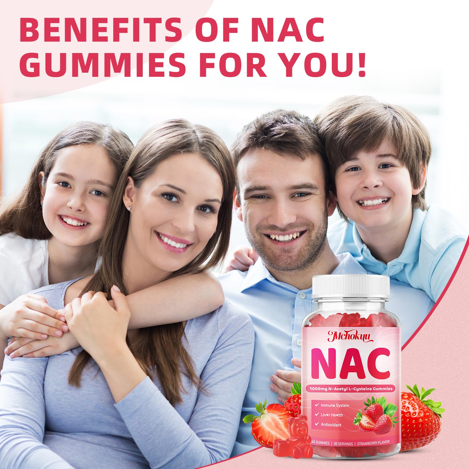 Mchokuu NAC Gomitas sabor fresa, textura suave y agradable para adultos y niños.