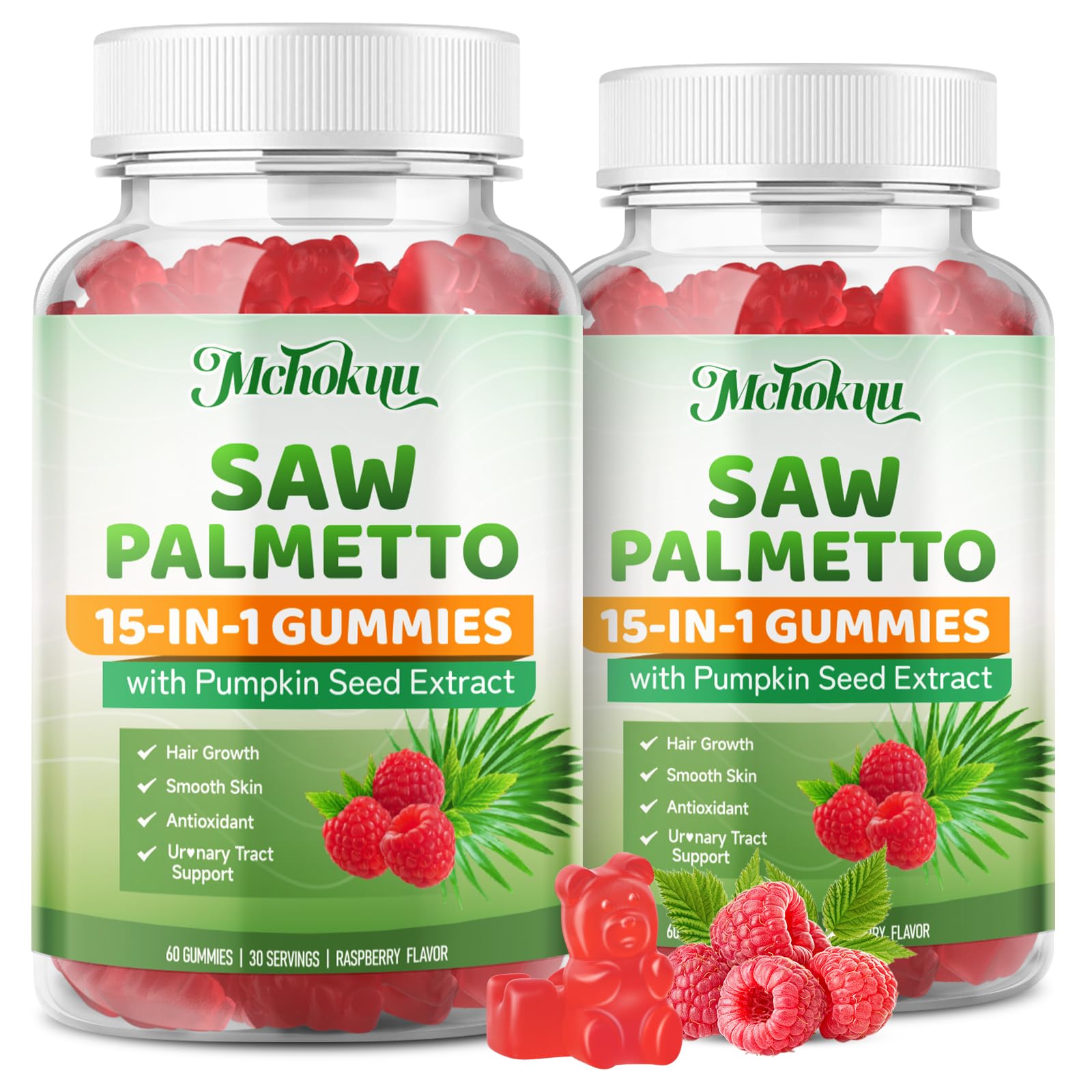 Gomitas Mchokuu Saw Palmetto 600 mg en botella para consumo diario.