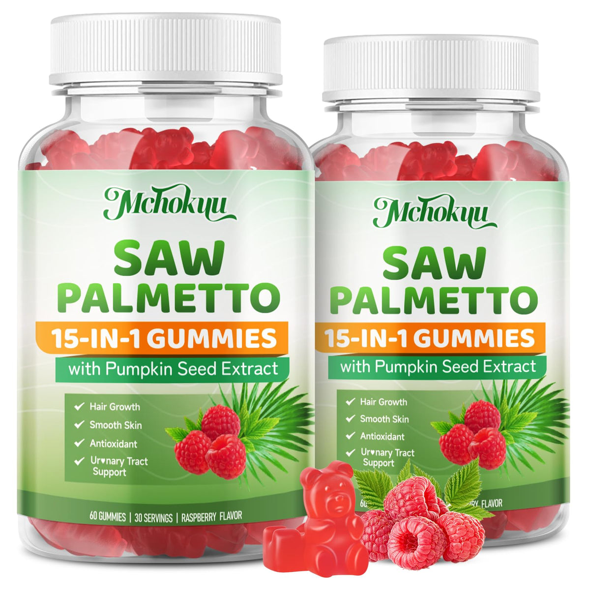 Gomitas Mchokuu Saw Palmetto 600 mg en botella para consumo diario.