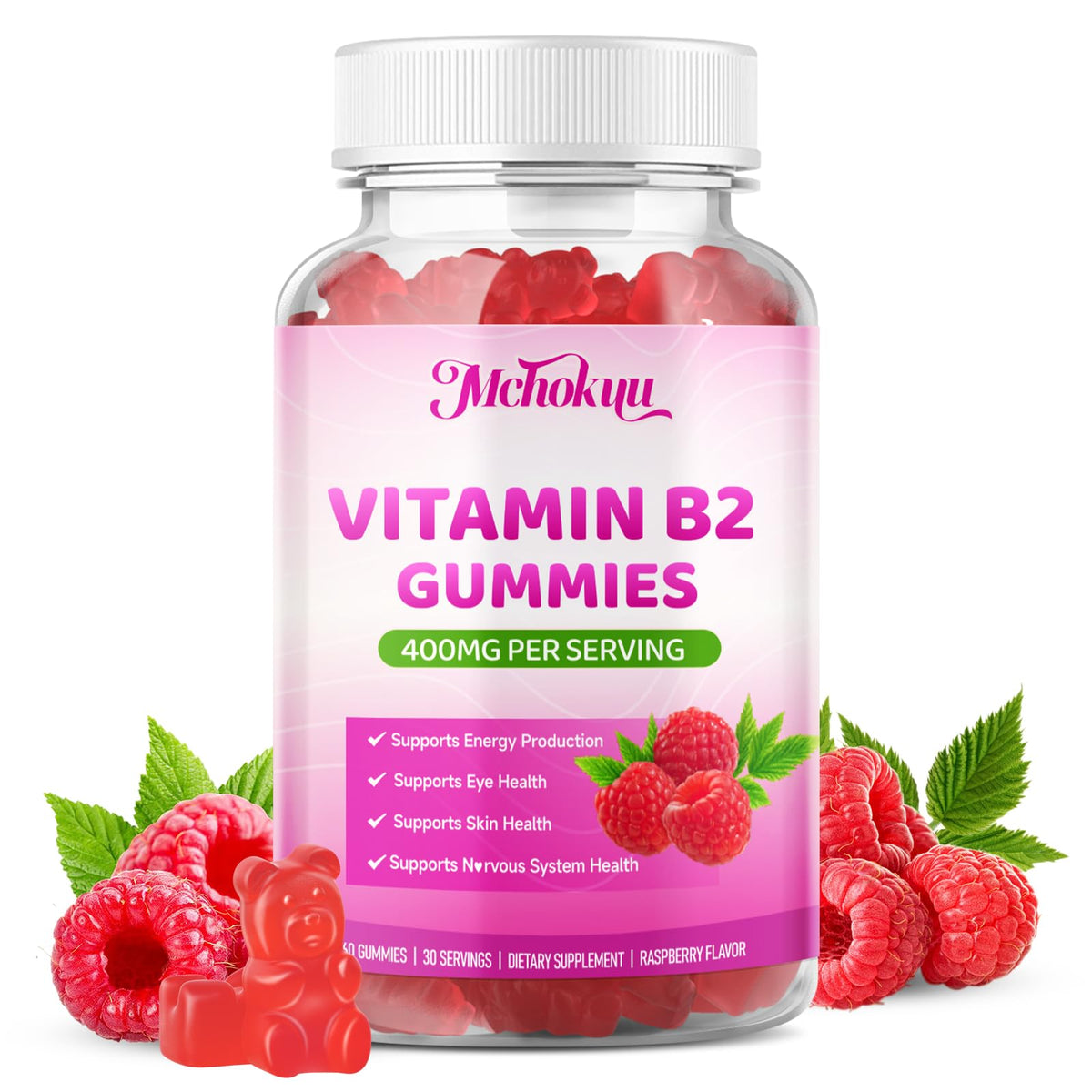 Gomitas Mchokuu Vitamina B2 en envase, sabor frambuesa, para energía diaria.