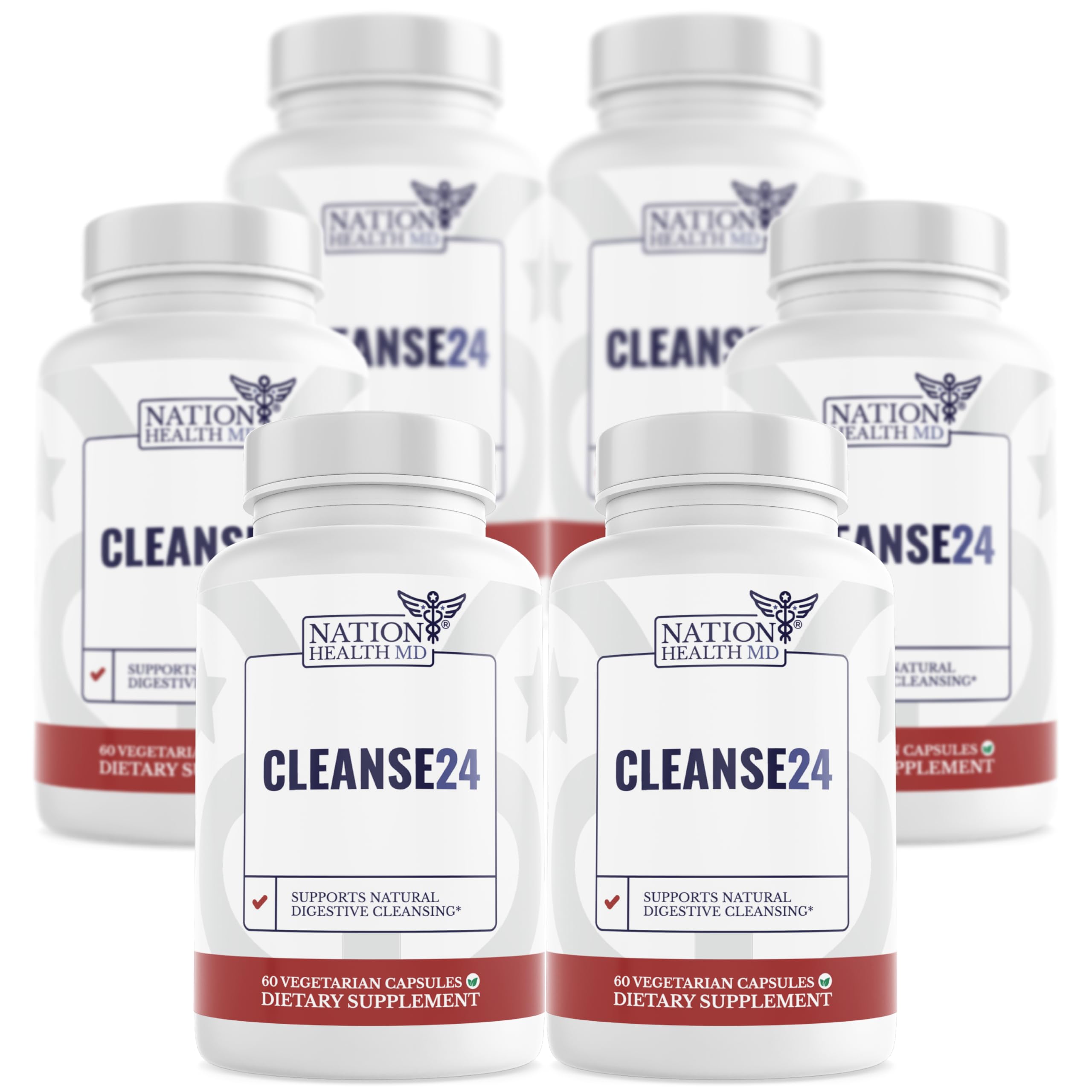 NATION HEALTH MD MD Cleanse24, frente del bote, apoyo digestivo suave para mayor comodidad diaria.