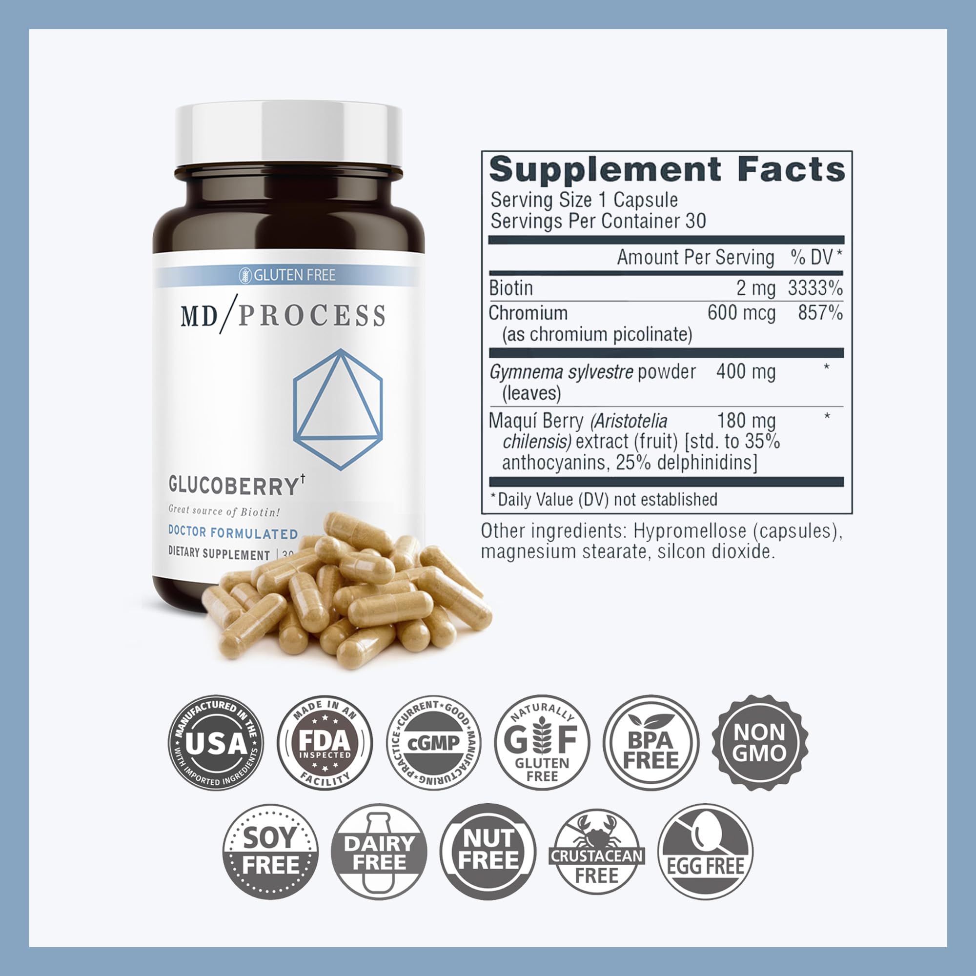 MD Process GlucoBerry, cápsulas 30 días, fácil de incorporar en la rutina.