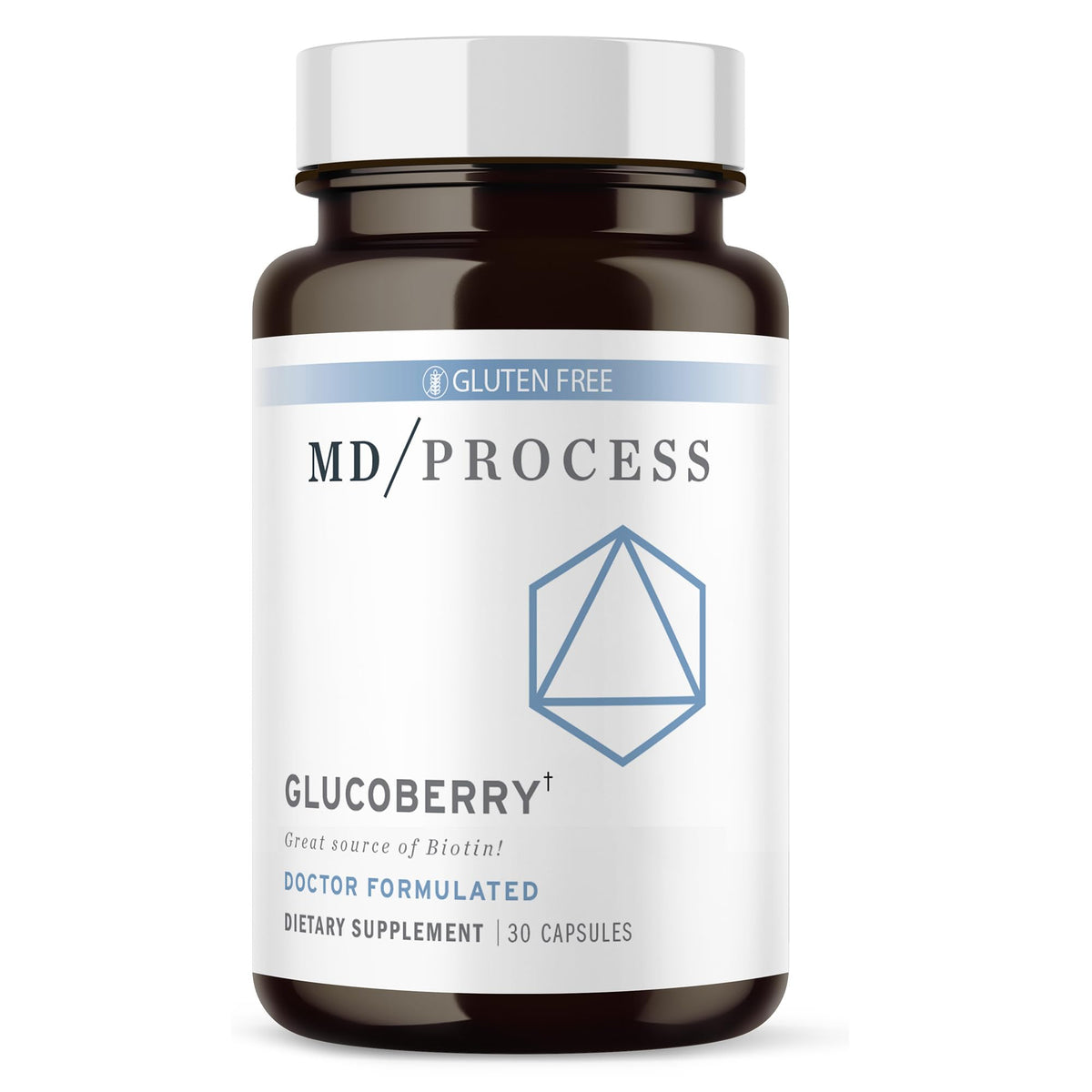 MD Process GlucoBerry, botella con etiqueta, muestra antioxidantes para la salud.
