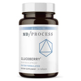 MD Process GlucoBerry, botella con etiqueta, muestra antioxidantes para la salud.