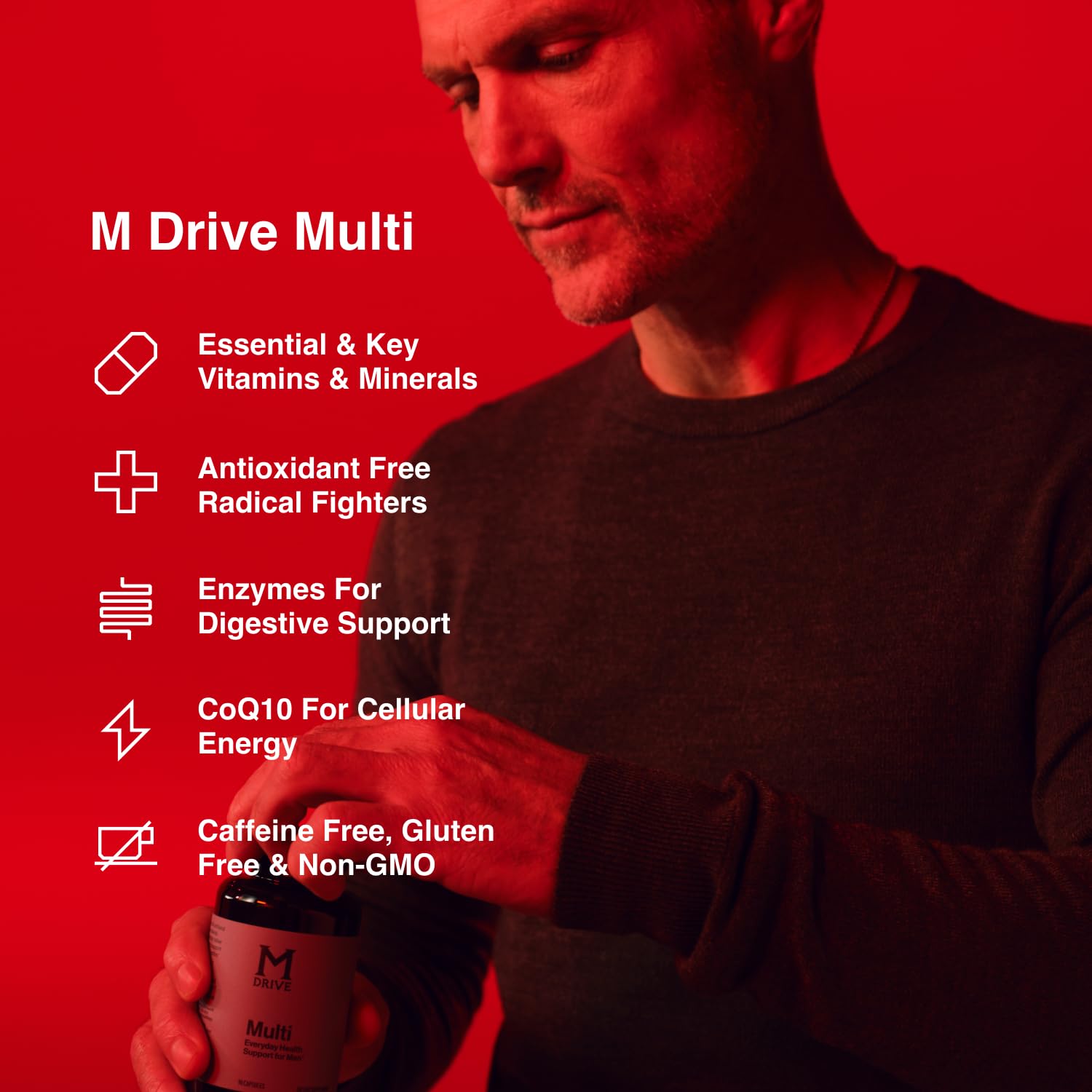 Mdrive Multivitamin para Hombres: botella frontal para revisión rápida de dosis
