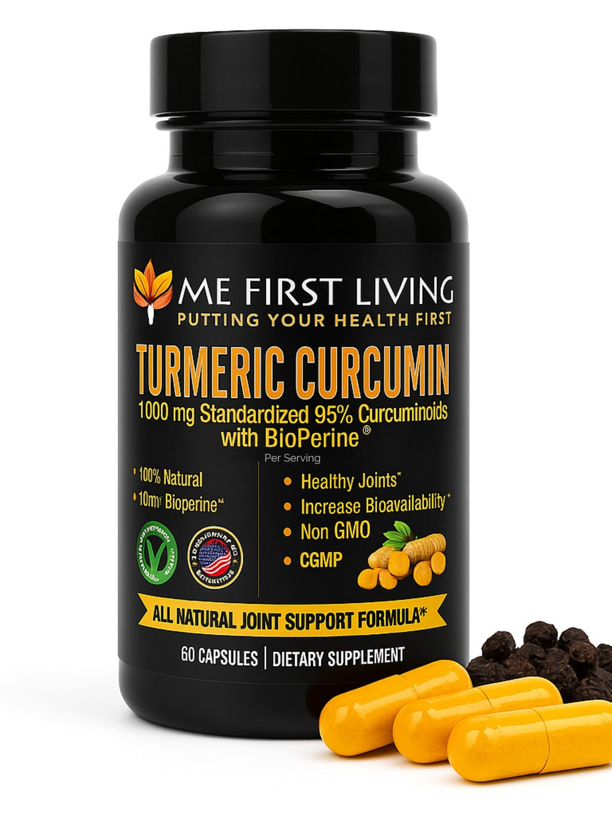 Me First Living cúrcuma 1000 mg cápsulas, botella visible para uso diario.