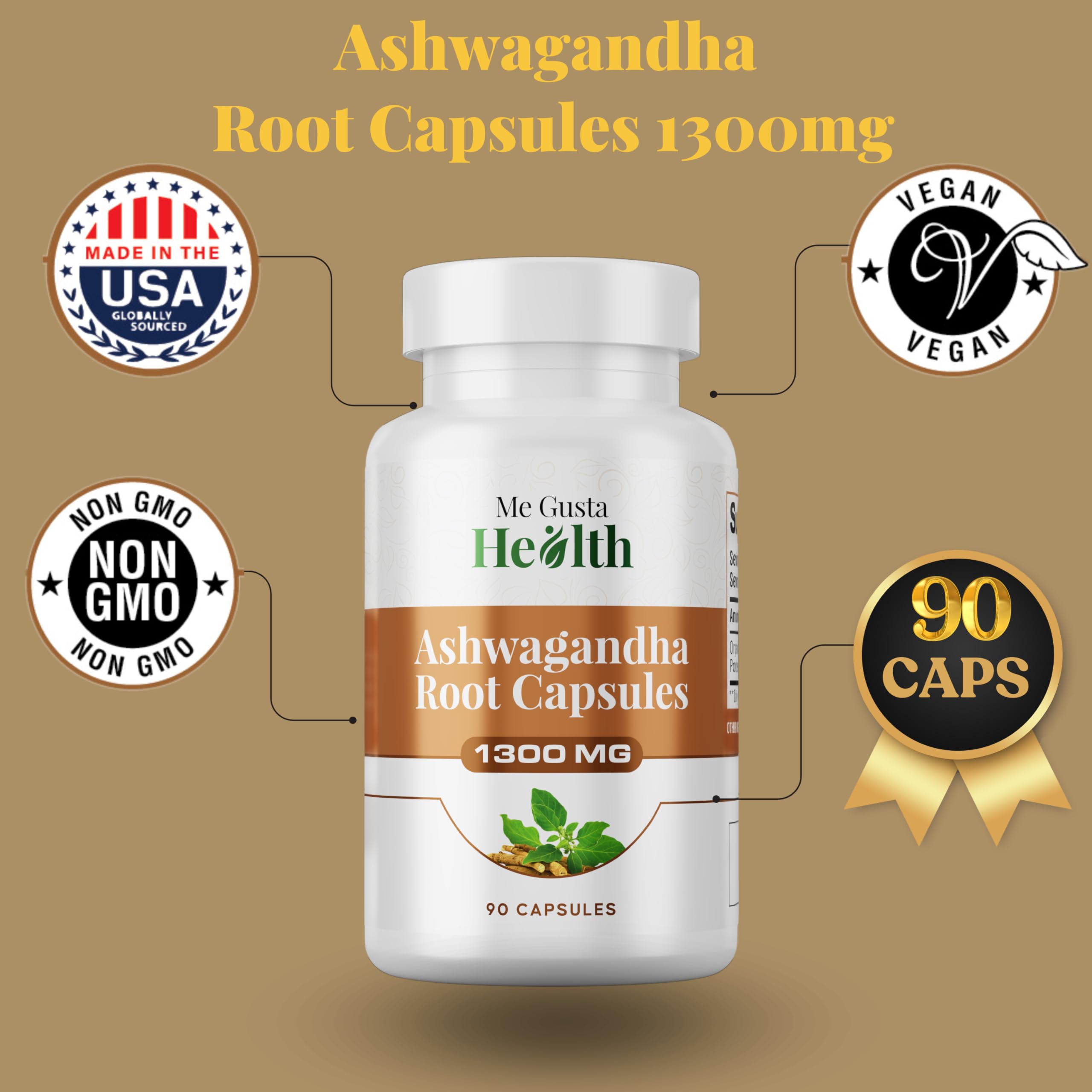 ME GUSTA HEALTH Ashwagandha cápsulas en botella de vidrio, uso diario cómodo.