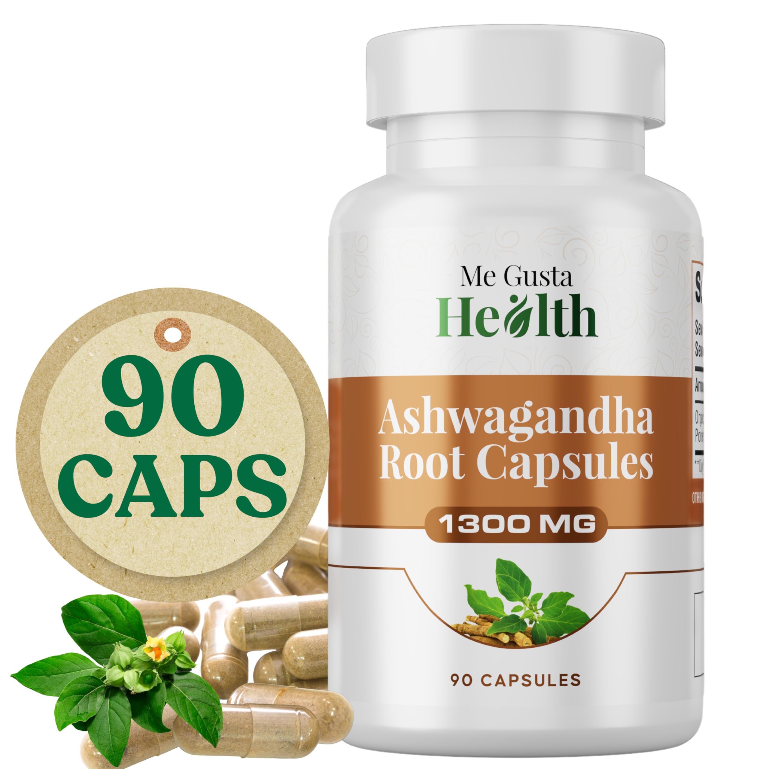 ME GUSTA HEALTH Ashwagandha envase hecho en Estados Unidos, certificado de calidad.