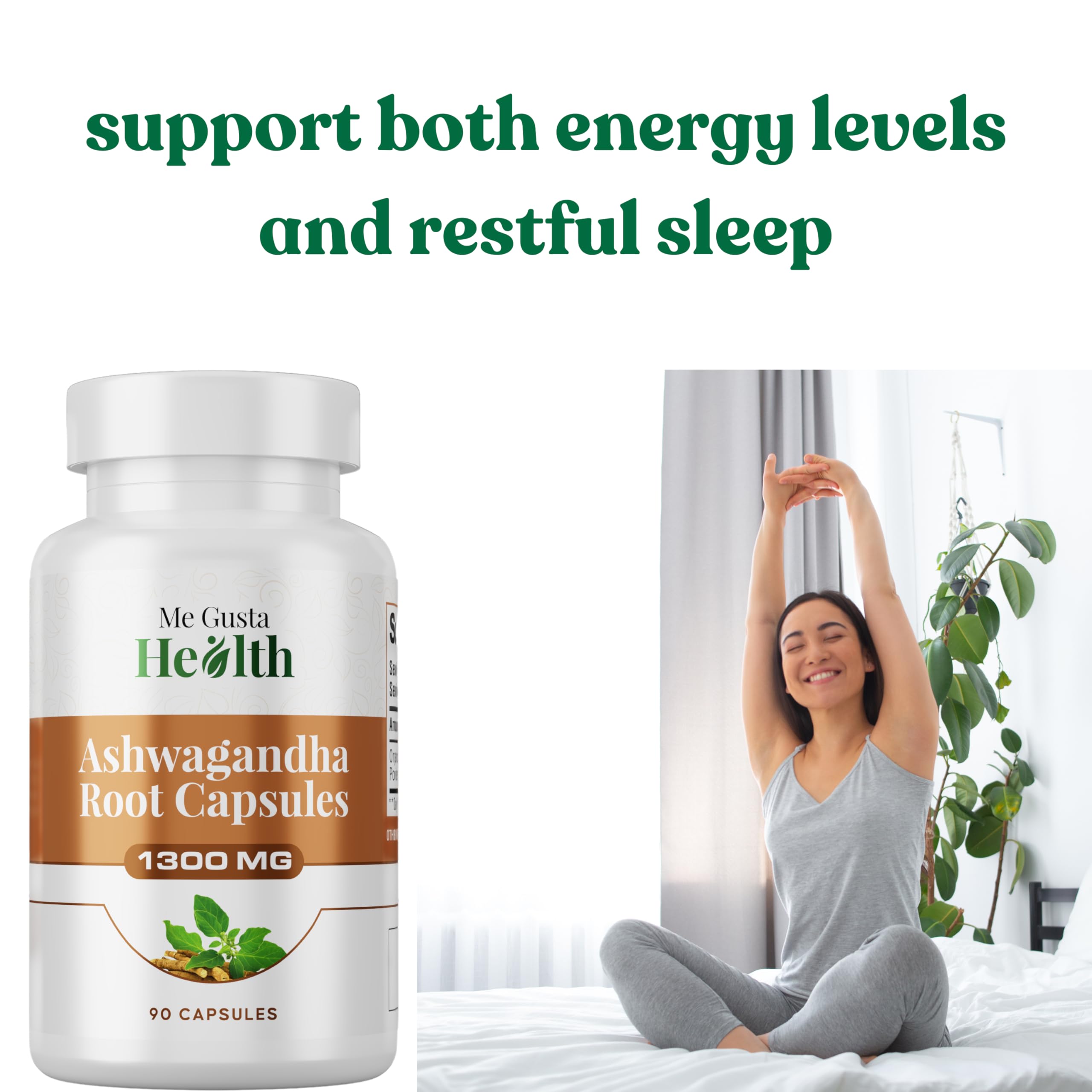 ME GUSTA HEALTH Ashwagandha etiqueta frontal, etiqueta clara y legible.
