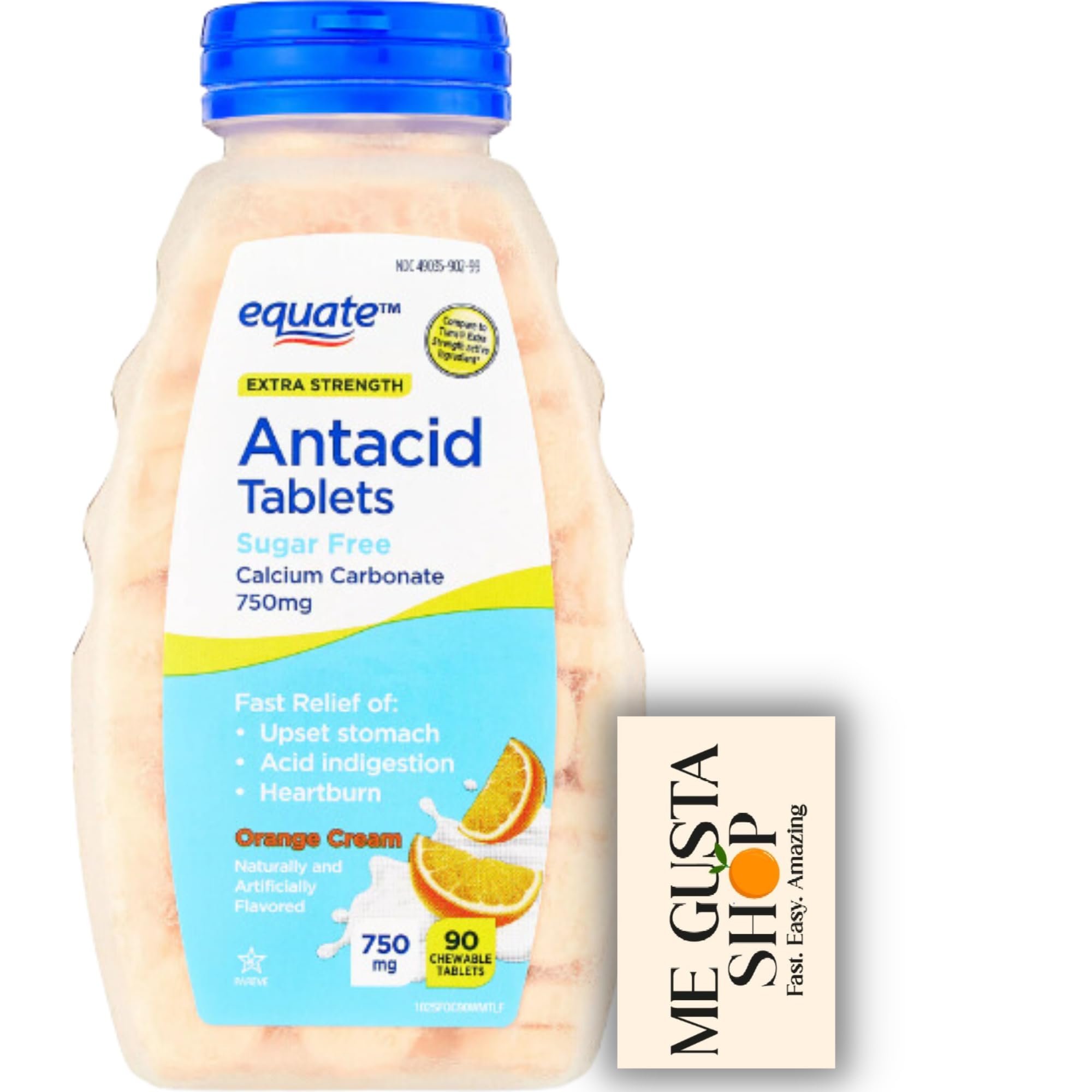 Equate tabletas masticables sabor naranja crema, sin azúcar, fáciles de masticar.