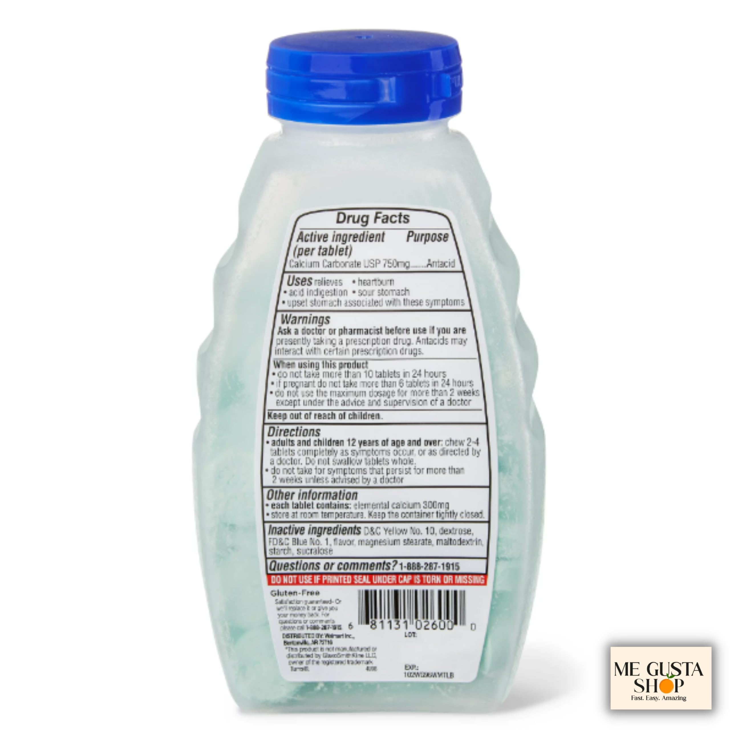 Equate antiácido masticable de 750 mg, con sabor mentolado, incluye calcomanía.