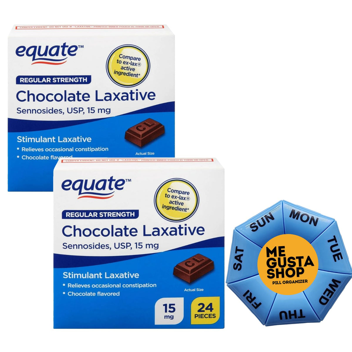 Equate Laxante Chocolate Regular 15 mg, botella para uso ocasional y cómodo.