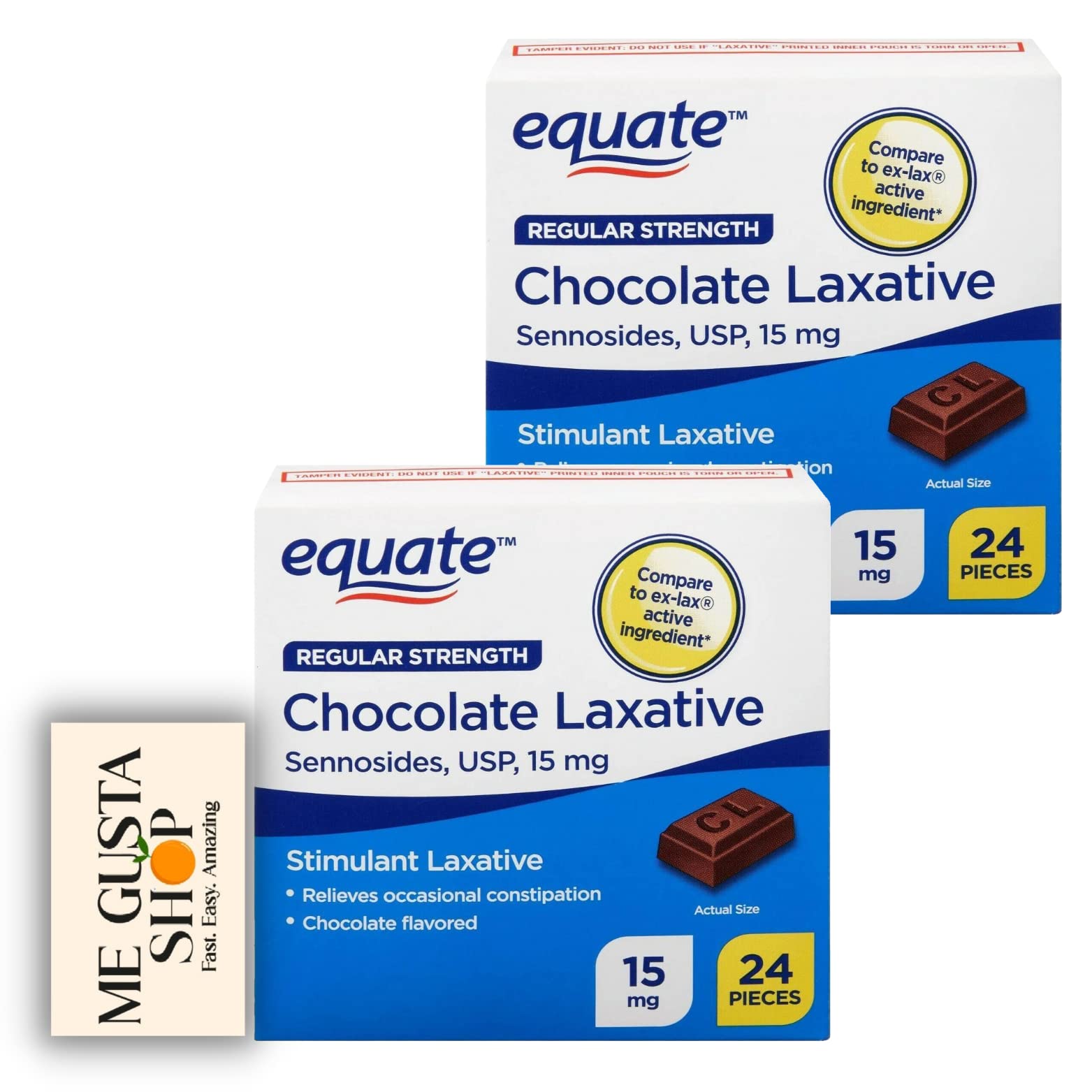 Empaque de dos frascos Equate Laxante Chocolate Regular, práctico para casa.