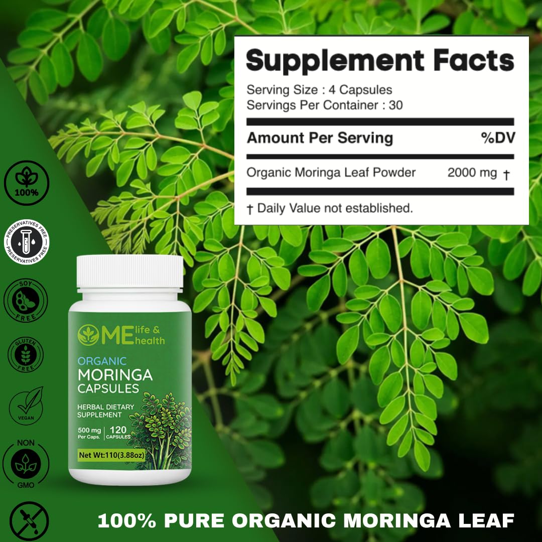 ME LIFE & HEALTH Moringa: etiqueta detallada con nutrientes clave.