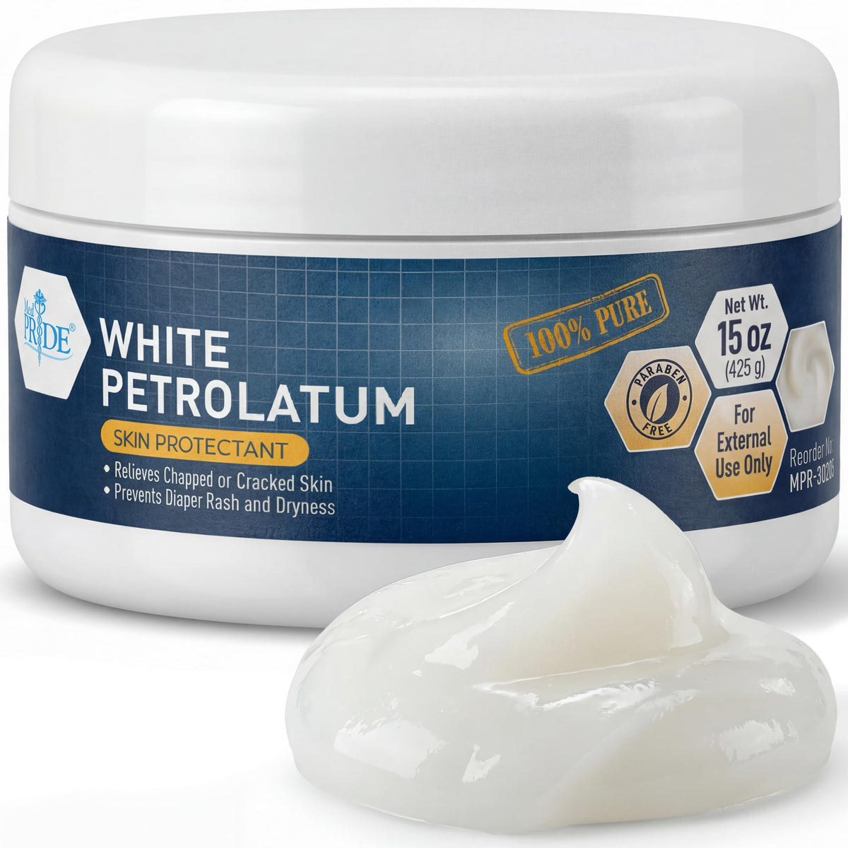 Med Pride vaselina blanca en tarro de 15 oz, hidratación profunda para piel seca.