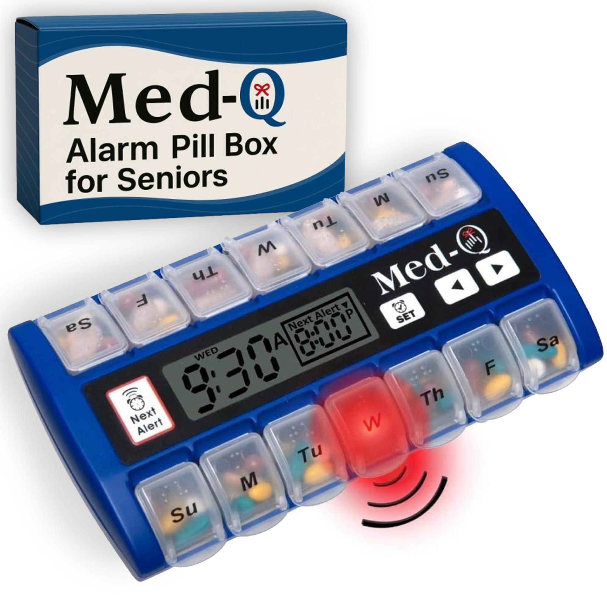 Med-Q dispensador digital de pastillas con alertas y luz LED para no olvidar dosis.