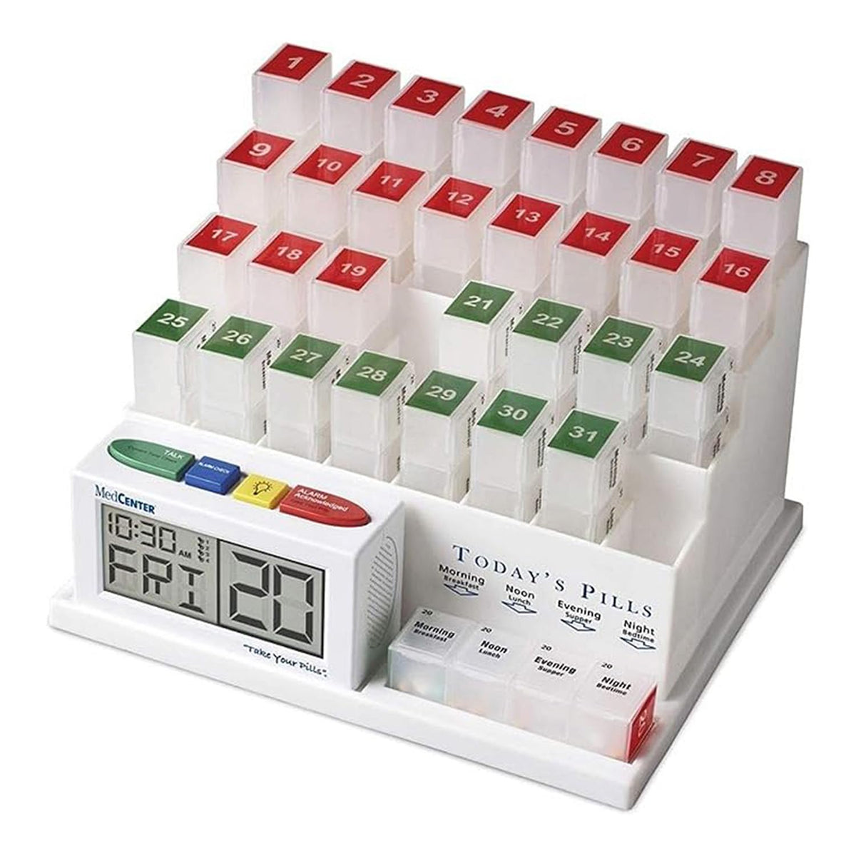 MedCenter organizador de pastillas con alarma hablada para recordatorios diarios.