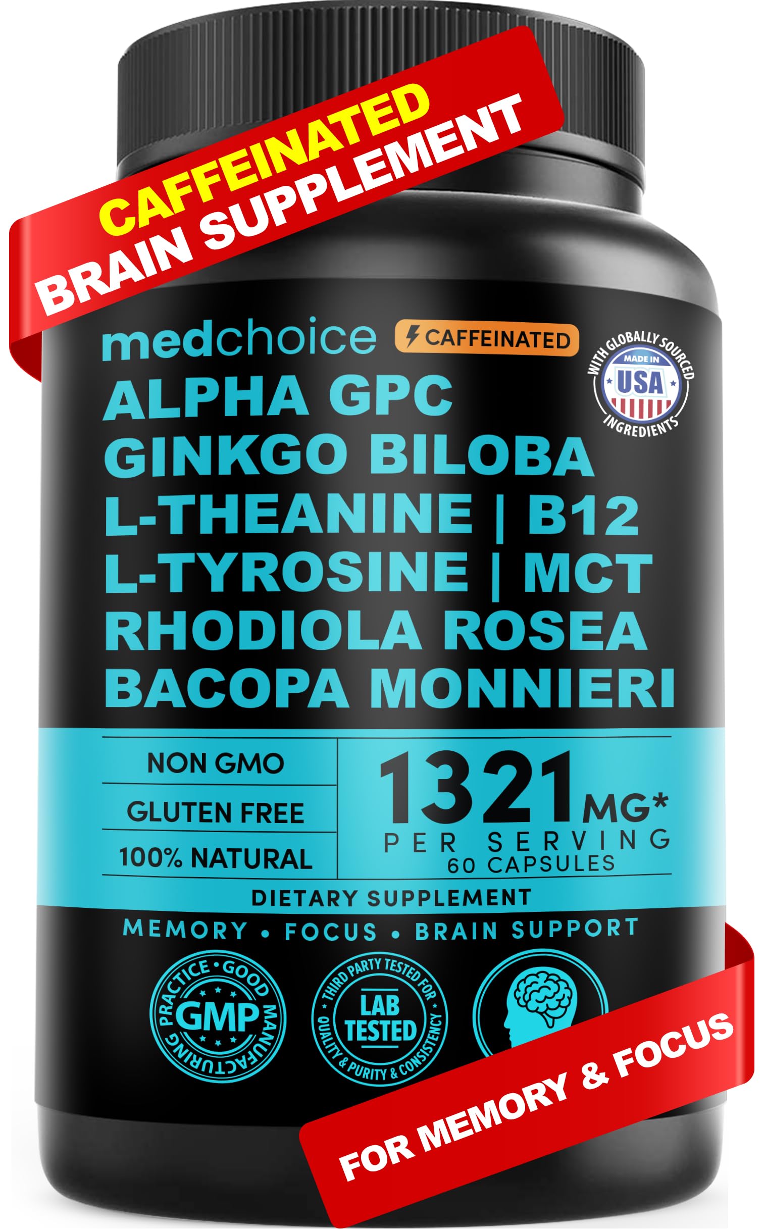 MedChoice 12-en-1 nootrópico, frasco mostrando cápsulas para concentración diaria