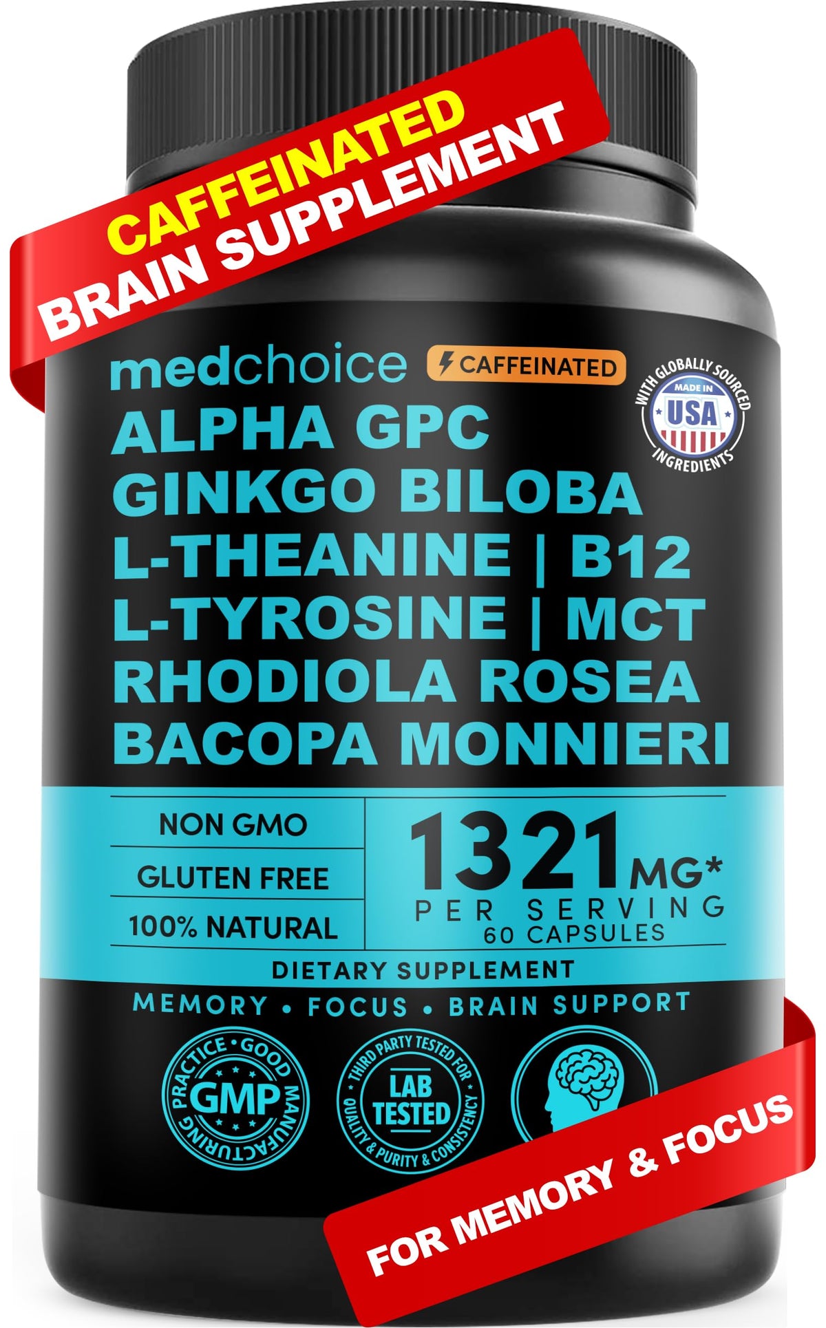 MedChoice 12-en-1 nootrópico, frasco mostrando cápsulas para concentración diaria