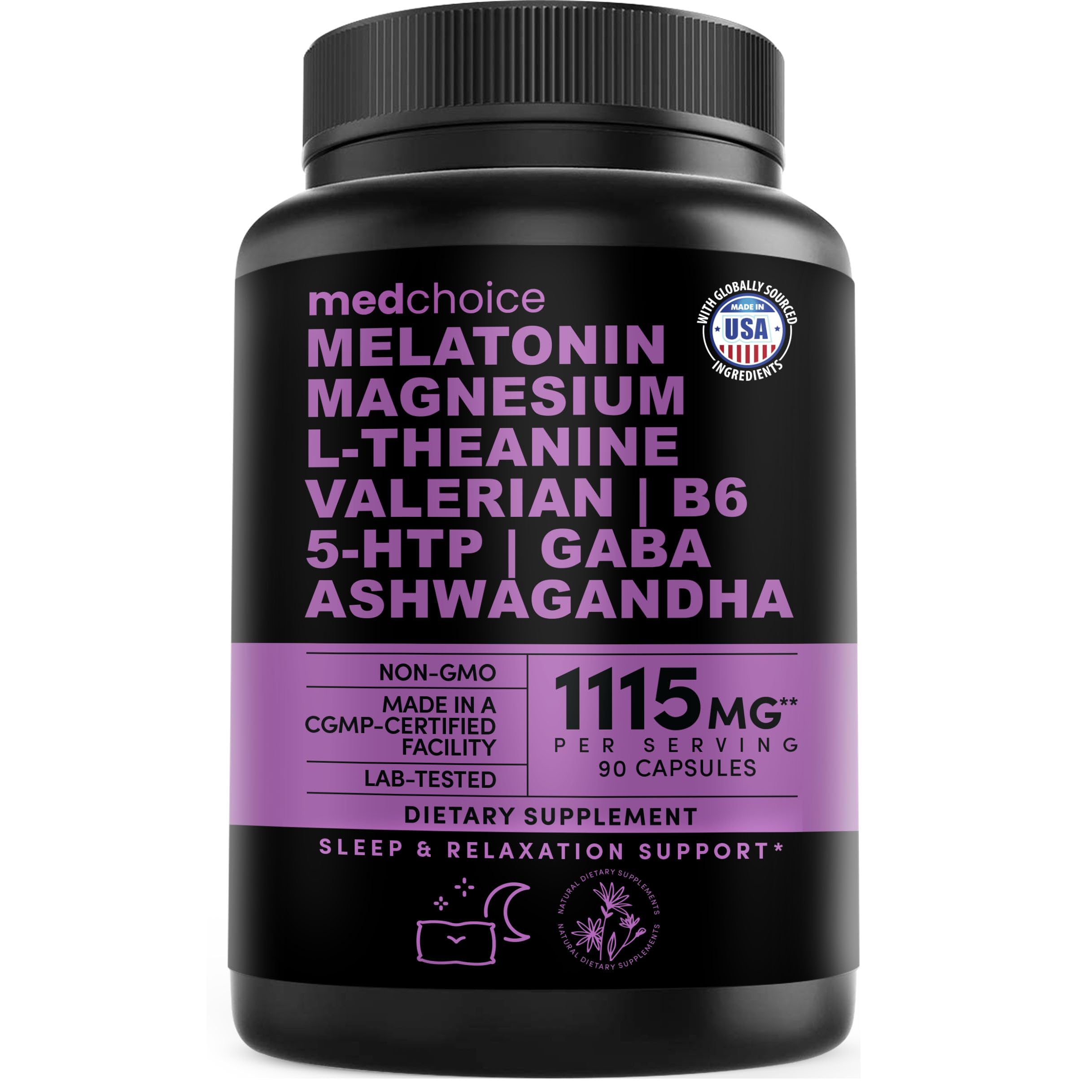 MedChoice cápsulas melatonina 5 mg y magnesio 500 mg en frasco, apoyo para descansar naturalmente.