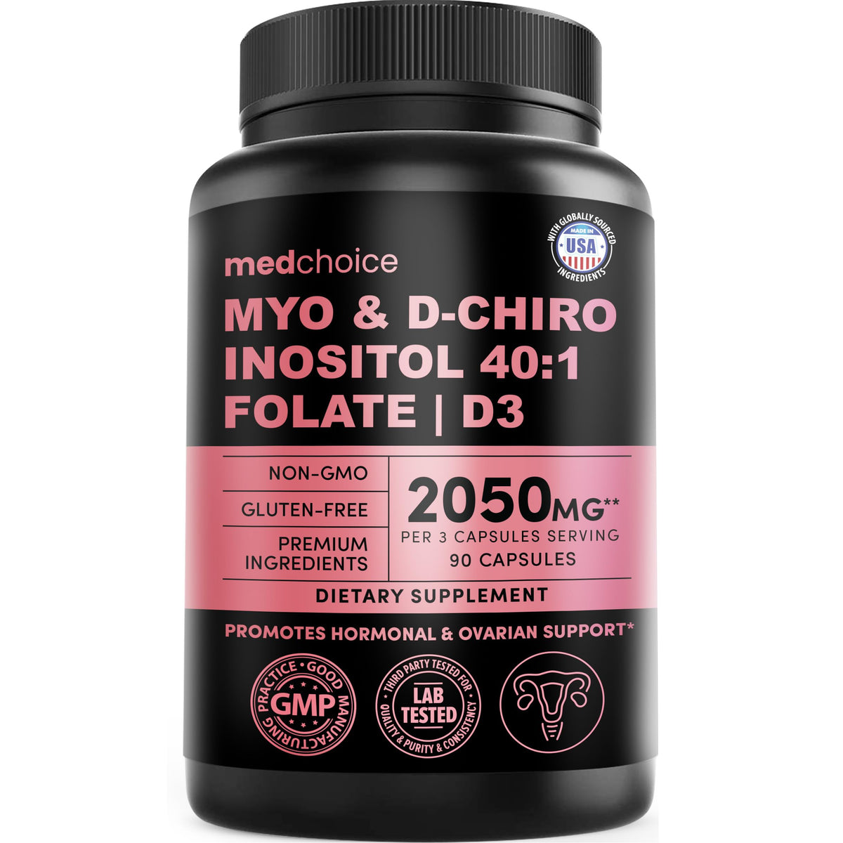 MedChoice Myo-Inositol 40:1 para mujer, bote visible, apoyo al equilibrio hormonal diario.