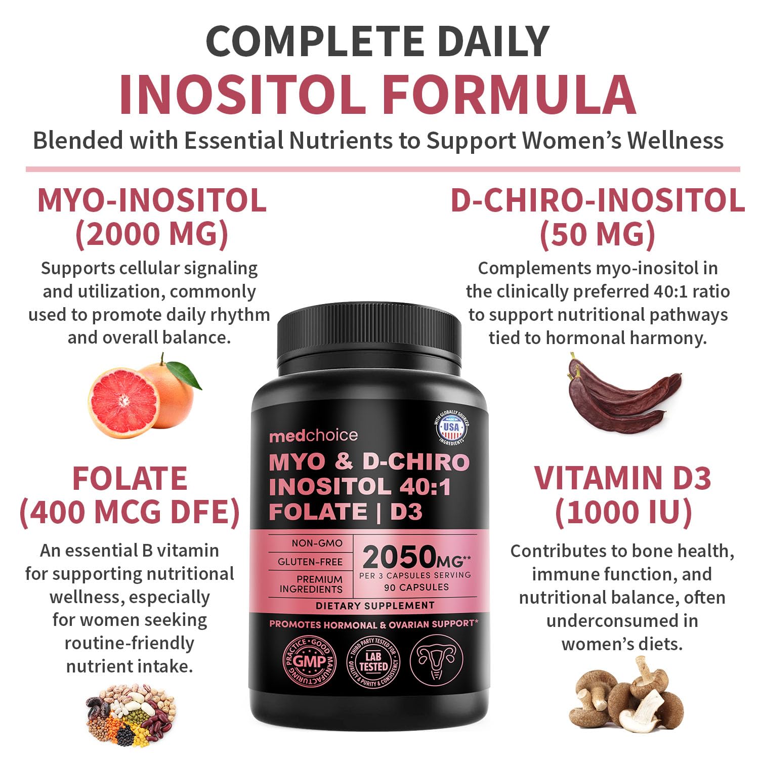 Etiqueta MedChoice Myo-Inositol 40:1, información clara para la toma diaria.