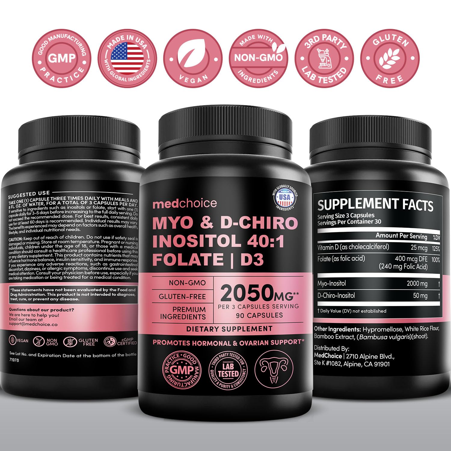 Presentación MedChoice 90 cápsulas, Myo-Inositol 40:1 para rutina diaria.