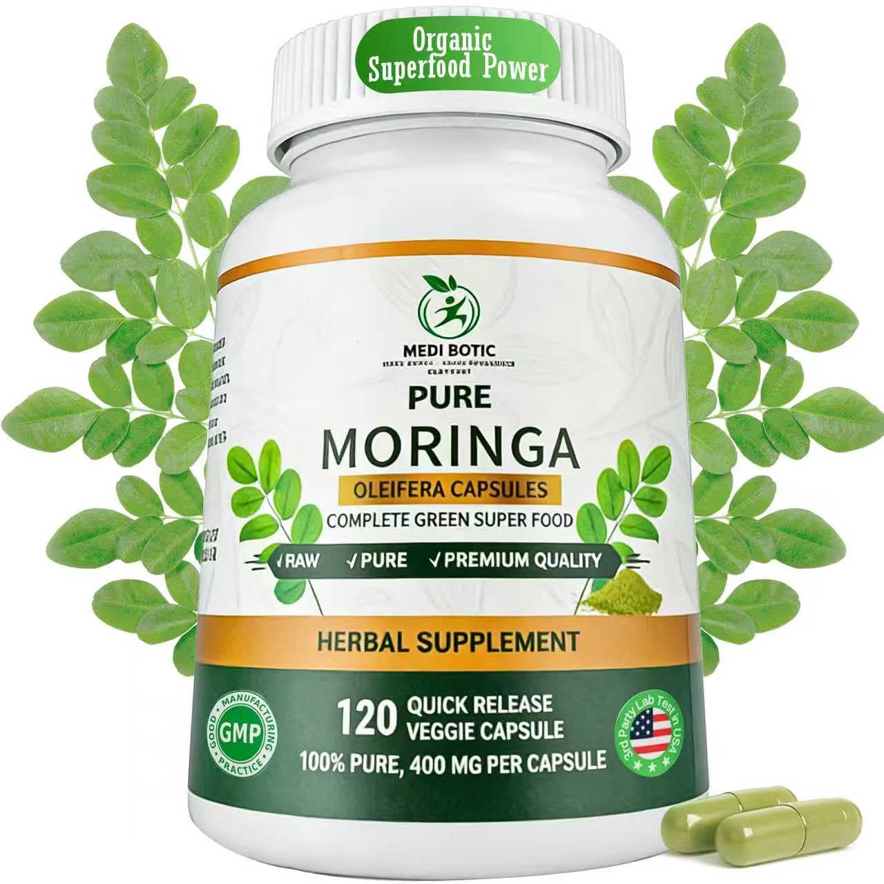 Medi Botic Moringa: botella de cápsulas 800 mg para energía diaria