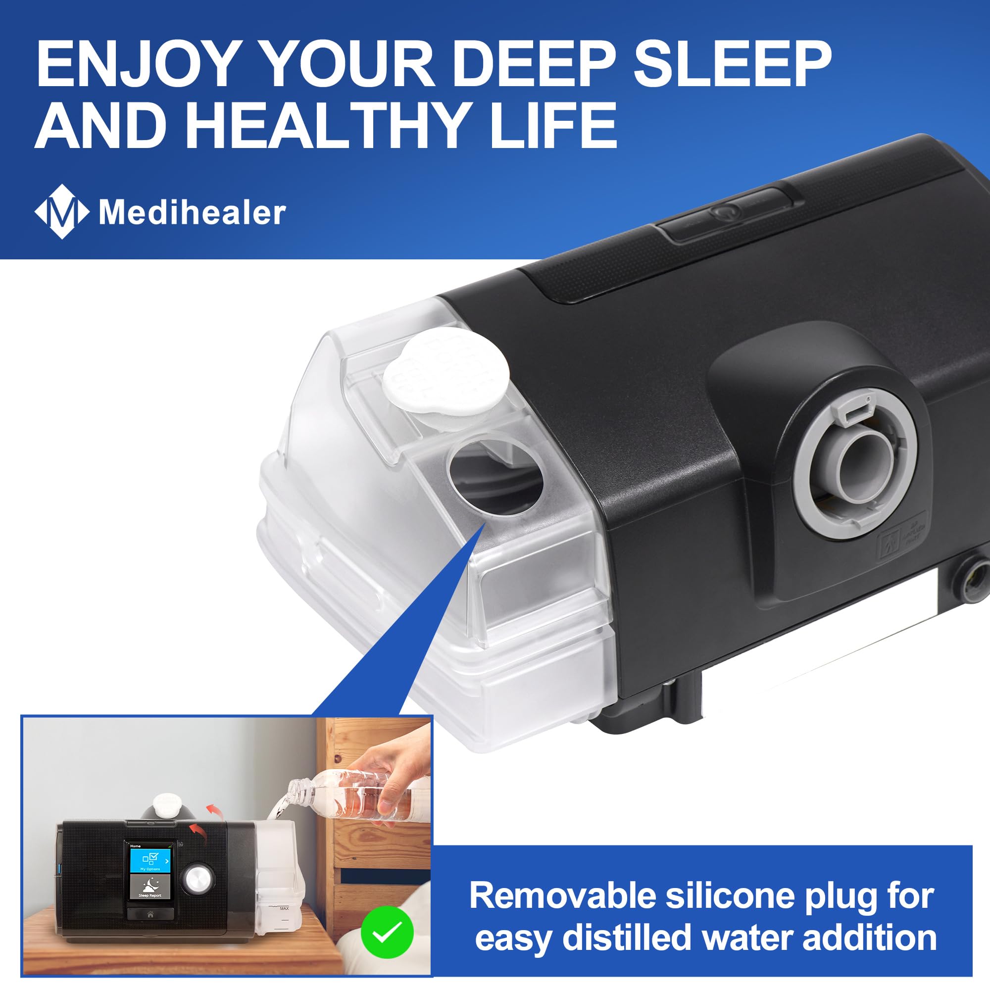 Medihealer cámara de agua AirSense 10 base de acero inoxidable para durabilidad.