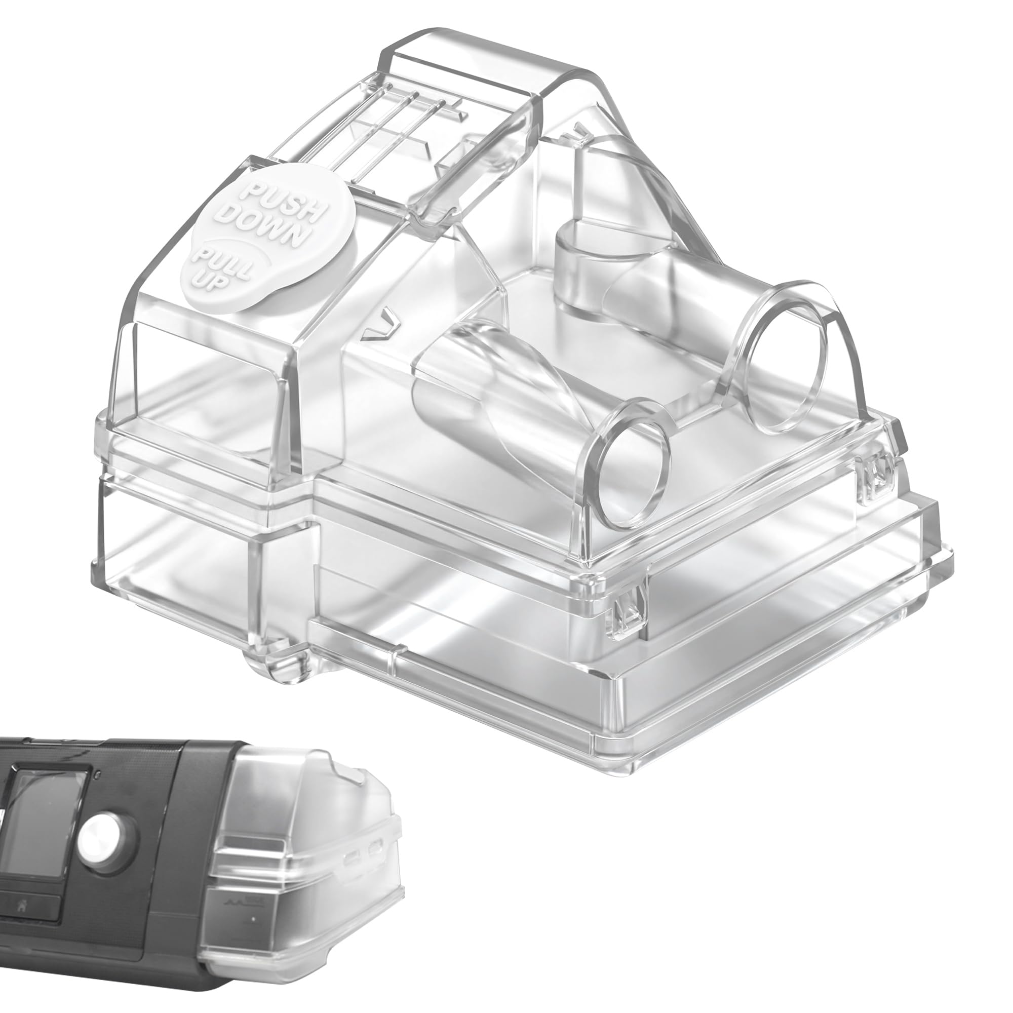 Medihealer cámara de agua AirSense 10 con diseño ergonómico para evitar pellizcos.