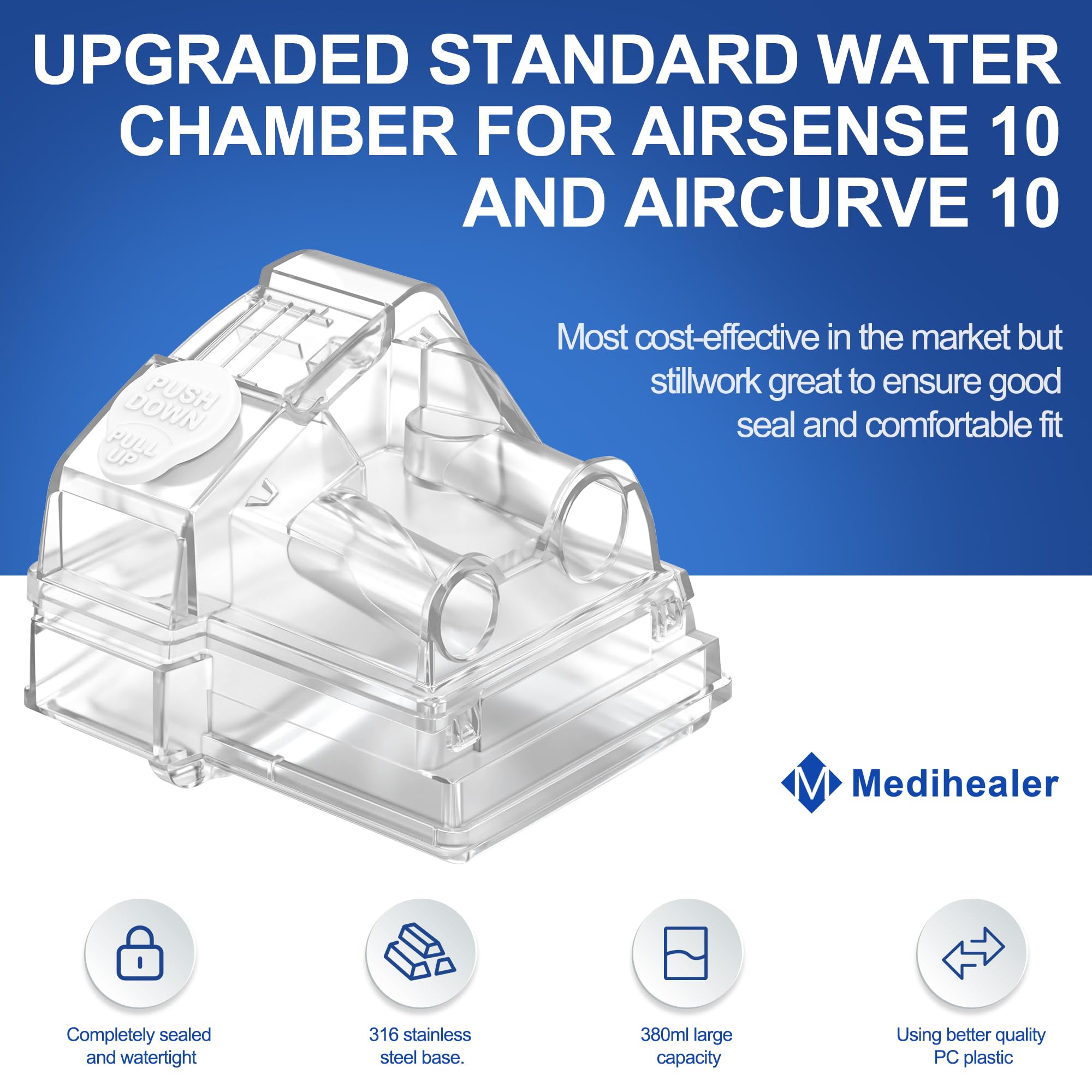 Medihealer cámara de agua AirSense 10 con llenado superior fácil.