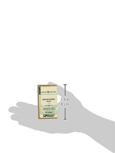 Mediherb Adrenal Complex, primer plano de etiqueta con información de uso.