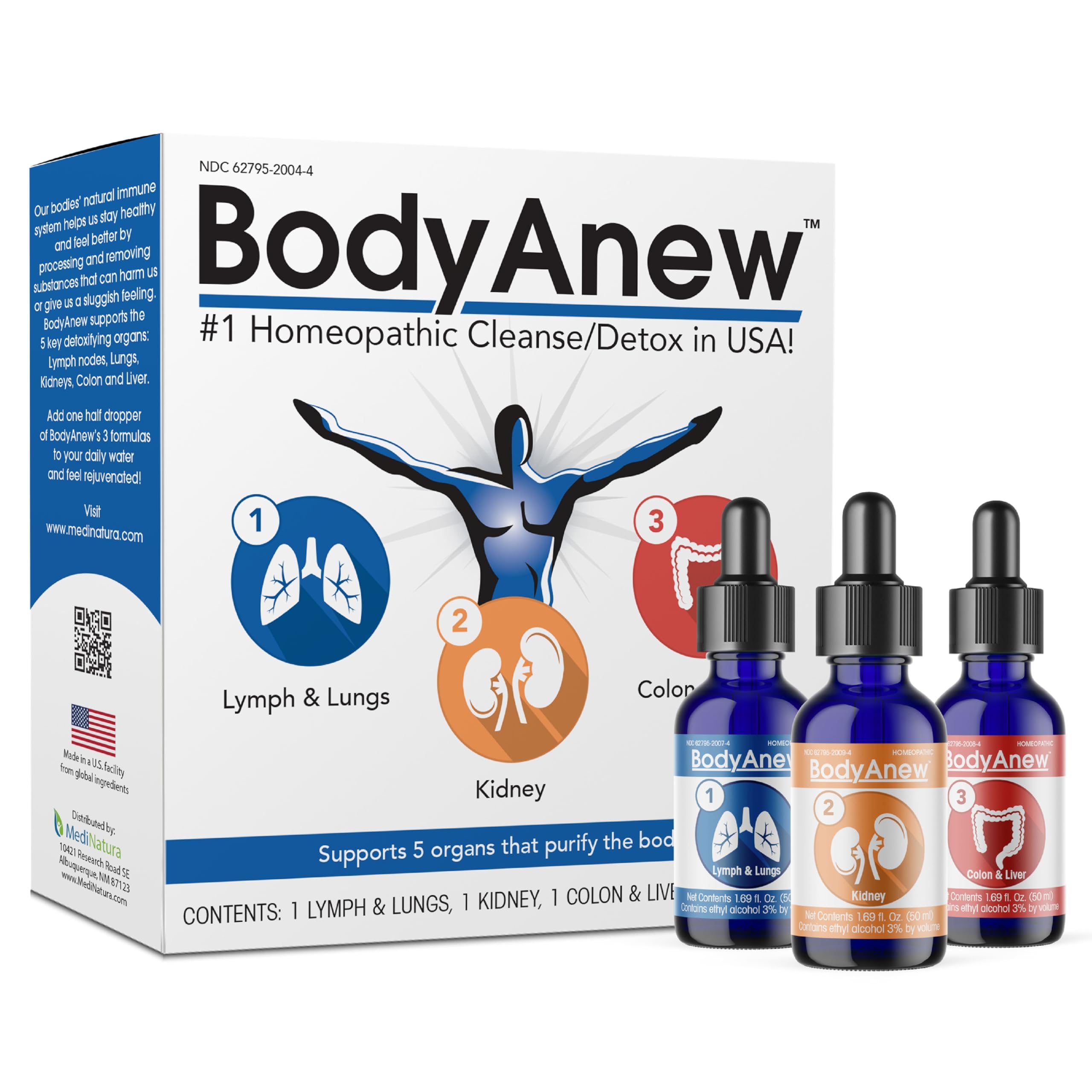 MediNatura BodyAnew, botella de gotas, apoyo suave para la limpieza corporal.
