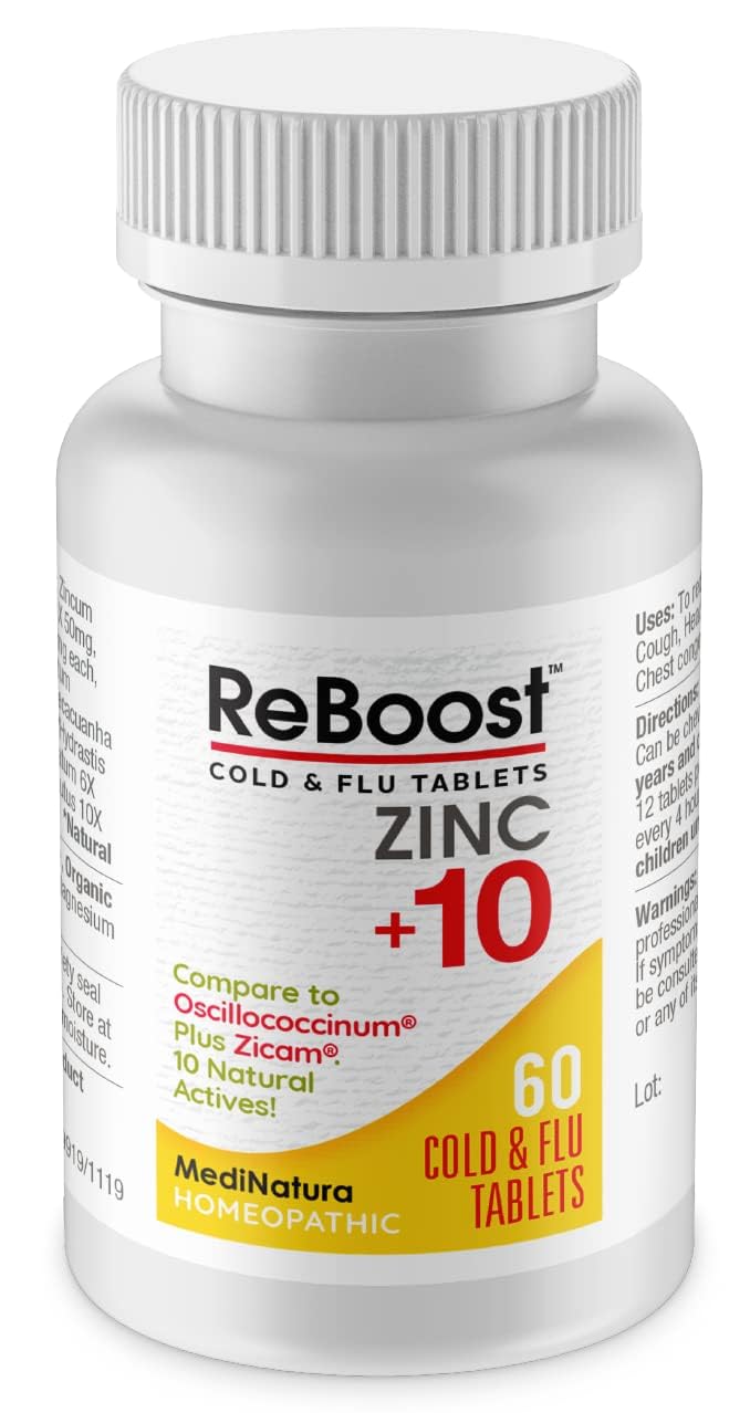 MediNatura ReBoost caja frontal de tabletas para alivio de síntomas.