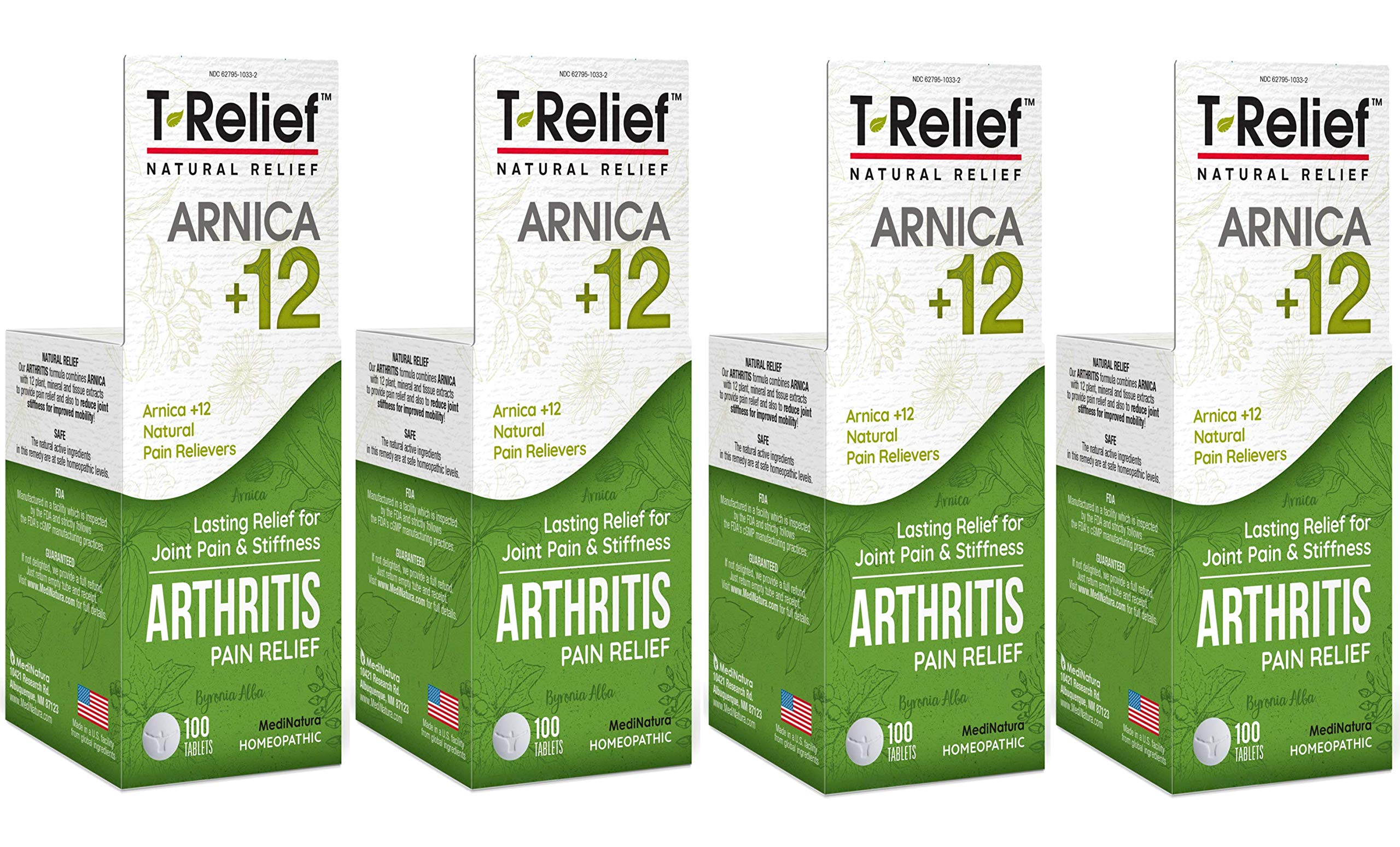 MediNatura T-Relief botella con tabletas de disolución rápida para alivio conveniente.