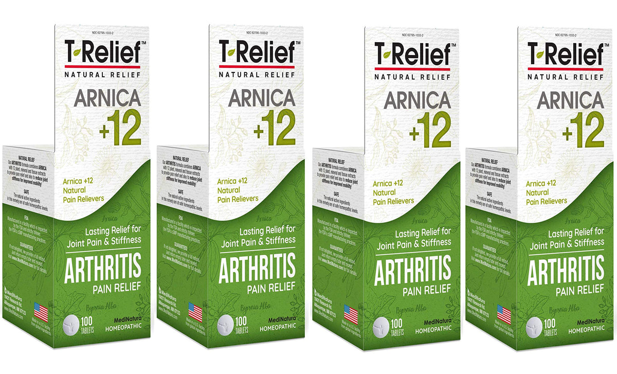 MediNatura T-Relief botella con tabletas de disolución rápida para alivio conveniente.