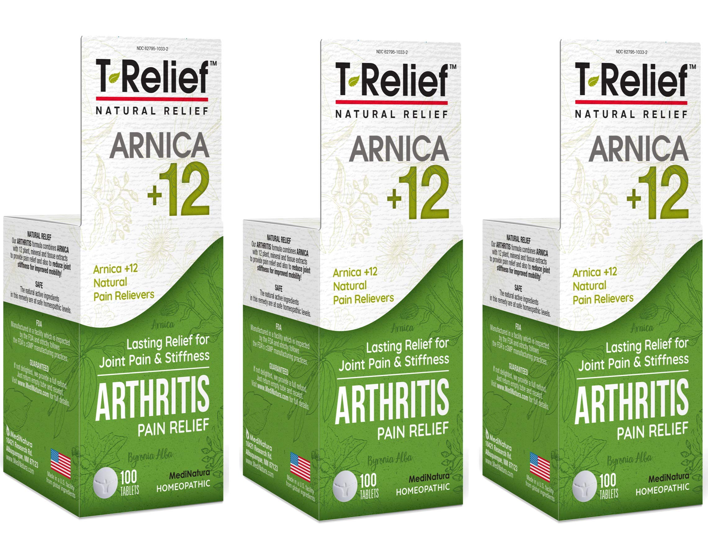 MediNatura T-Relief: caja del producto, alivio natural para molestias articulares