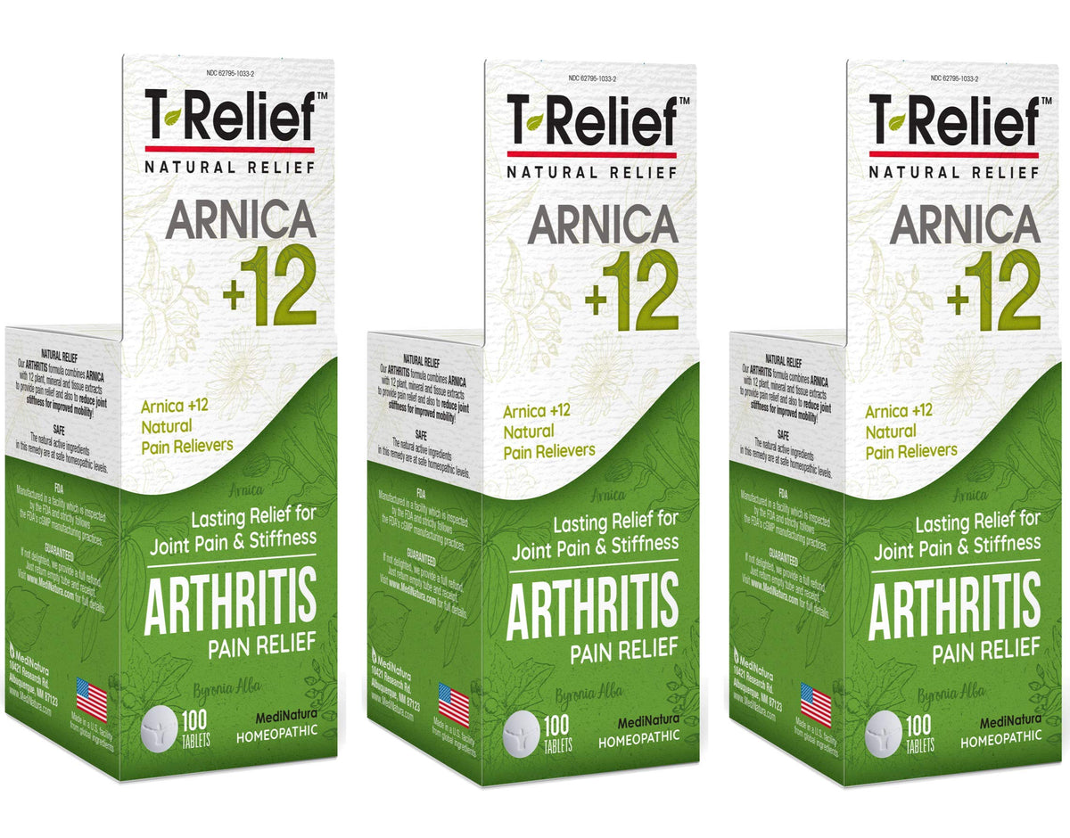 MediNatura T-Relief: caja del producto, alivio natural para molestias articulares