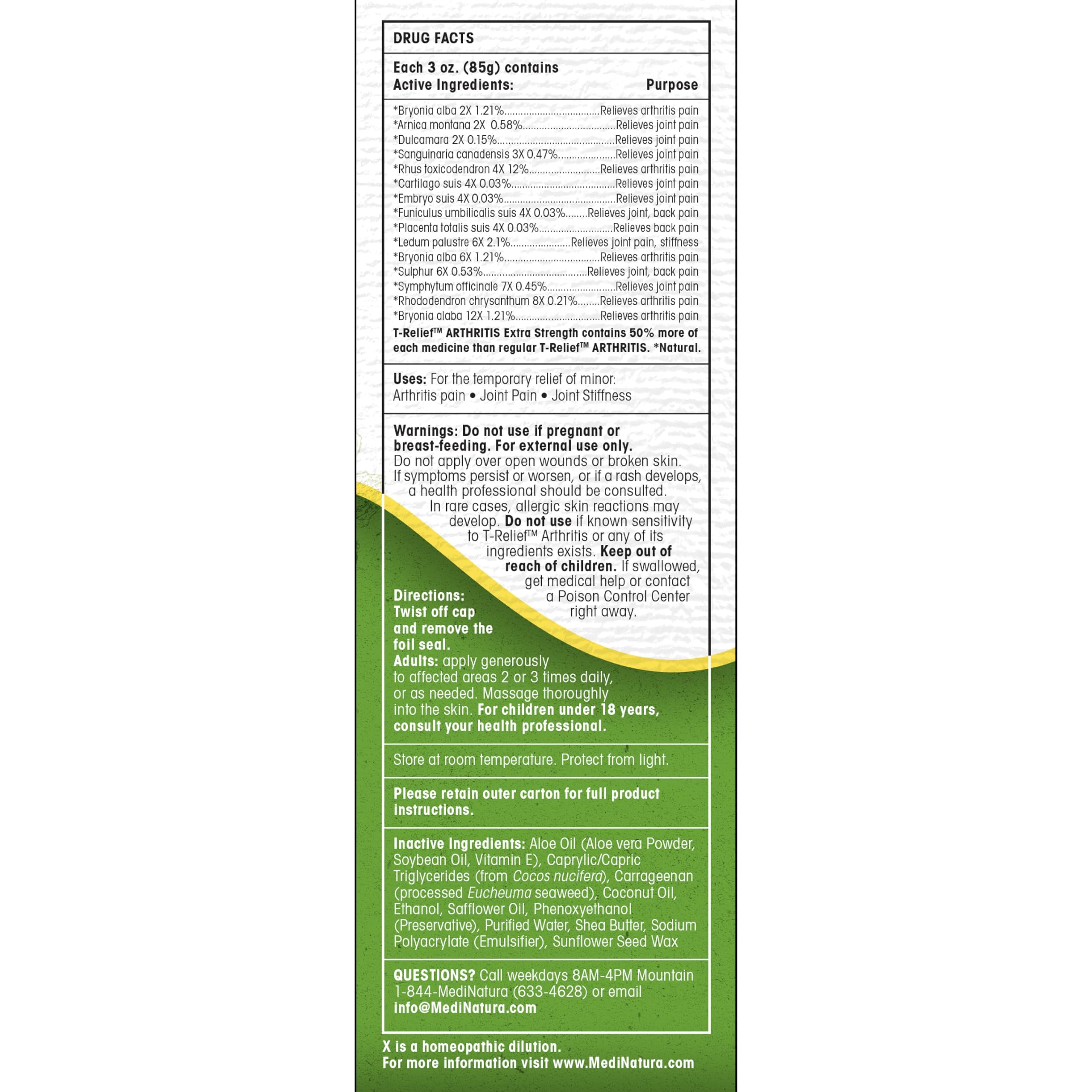 MediNatura T-Relief etiqueta cercana, destacando ingredientes naturales y beneficios.