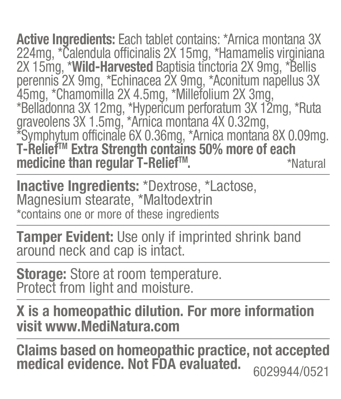Etiqueta de MediNatura T-Relief con ingredientes naturales y beneficios