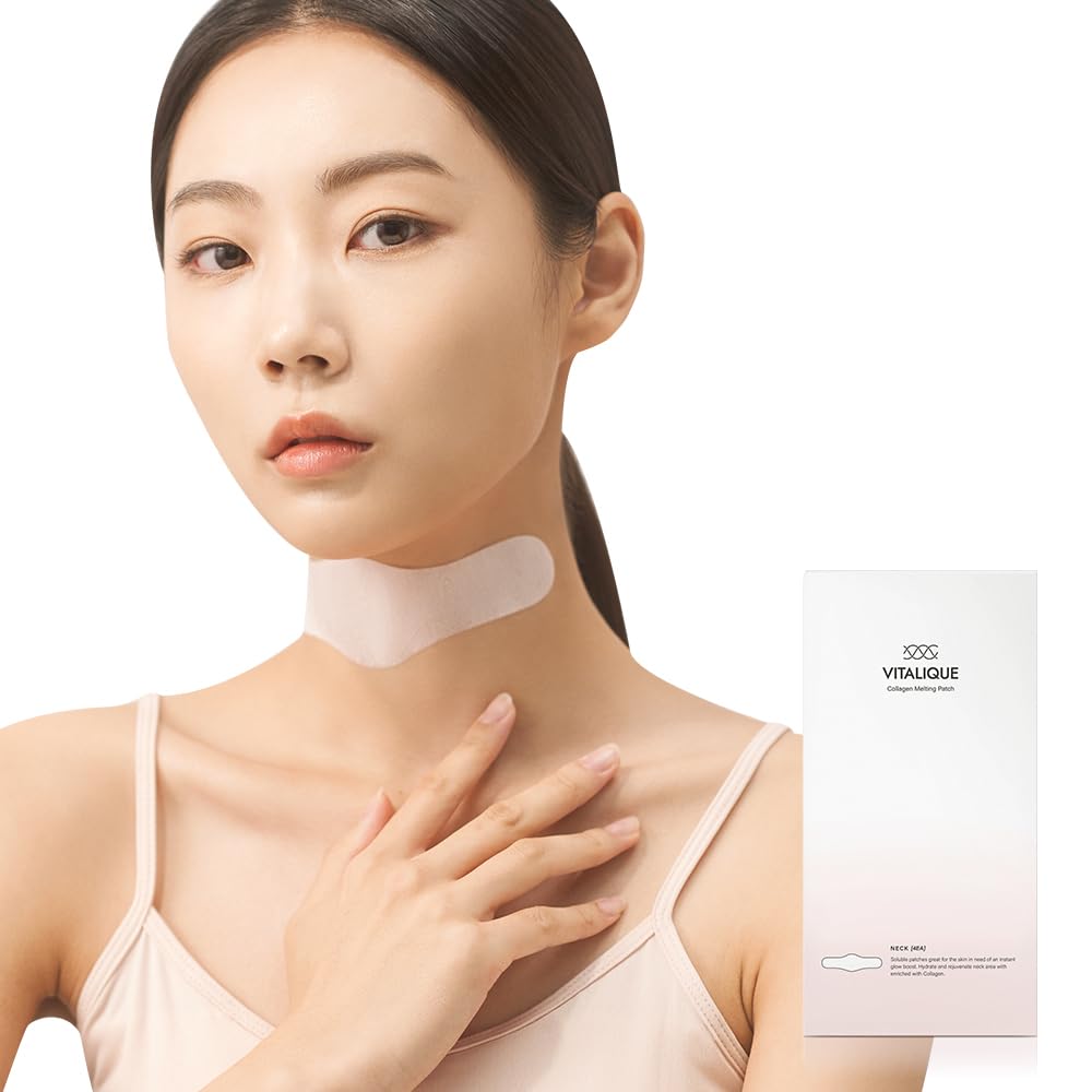 Parche de colageno MEDITHERAPY Vitalique aplicado en cuello para hidratacion y brillo
