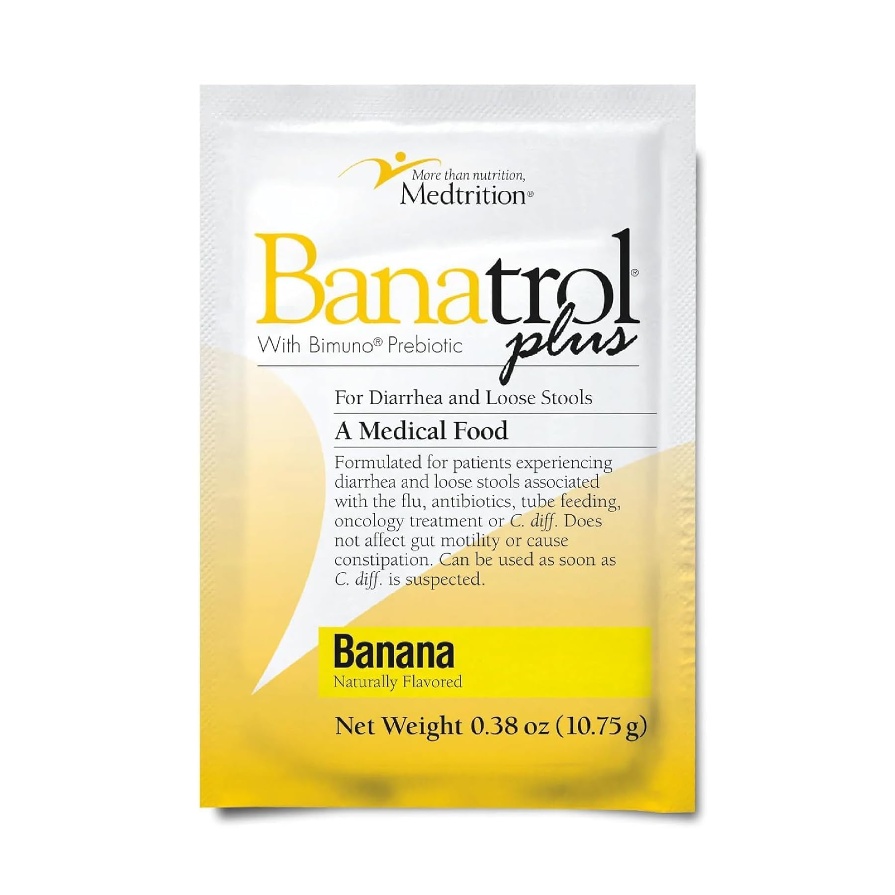 Medtrition Banatrol botella sabor banana ayuda a controlar la diarrea sin estreñimiento.