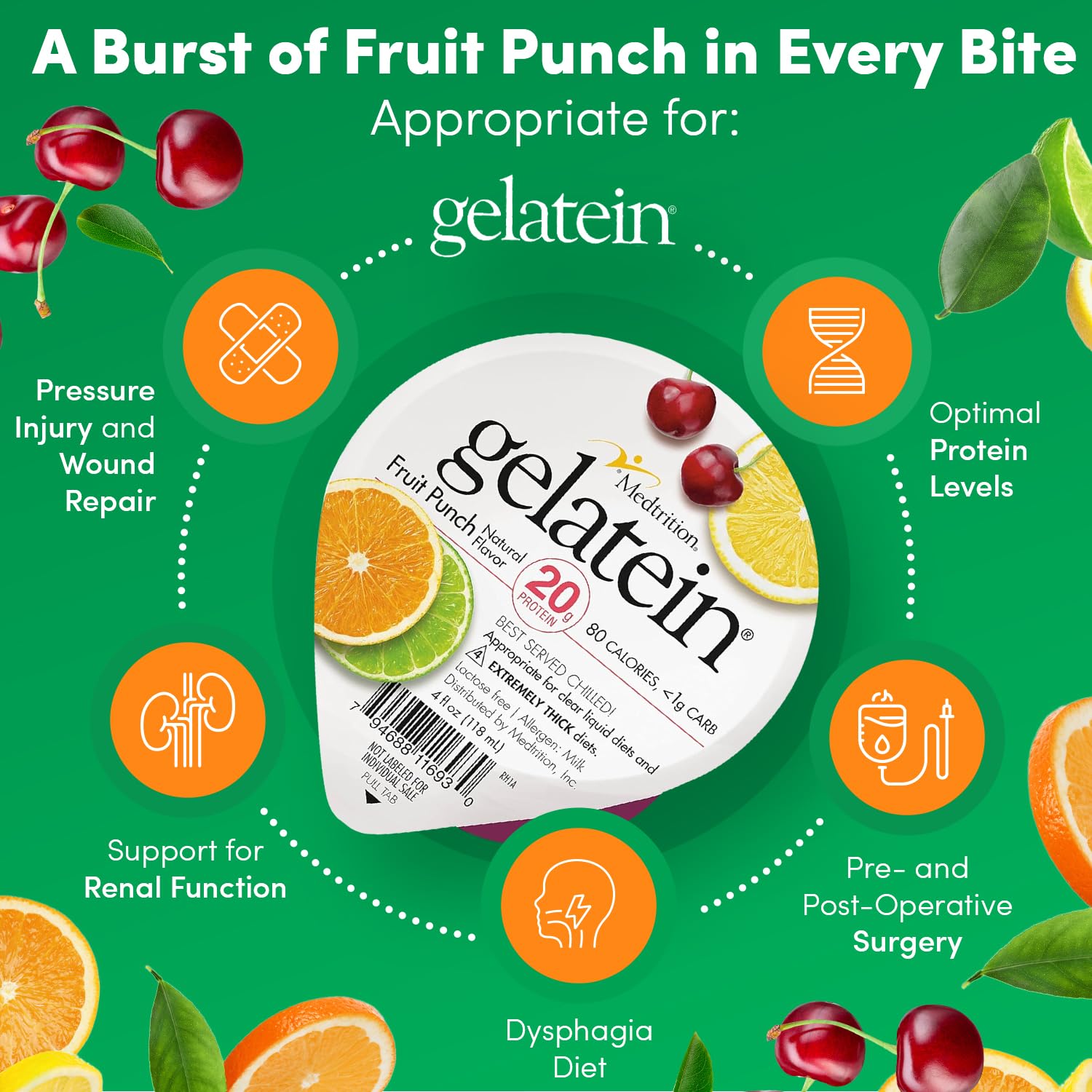 Gelatein Fruta Punch, proteína alta para snack previo o post-entrenamiento.