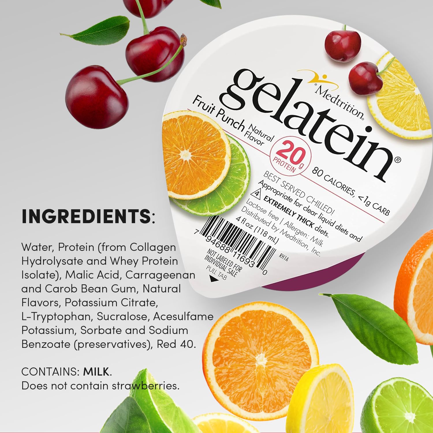 Gelatein Fruta Punch, textura espesa para ingesta proteica.
