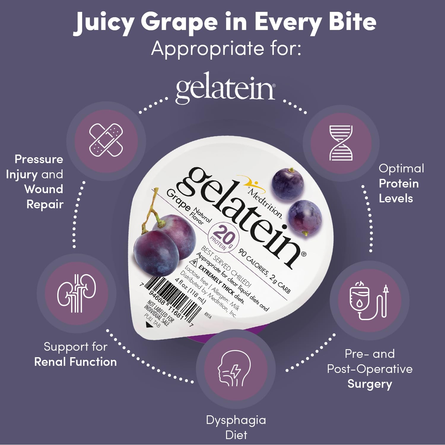 Gelatein Grape de Medtrition, gelatina proteica apta para dietas claras y líquidas.