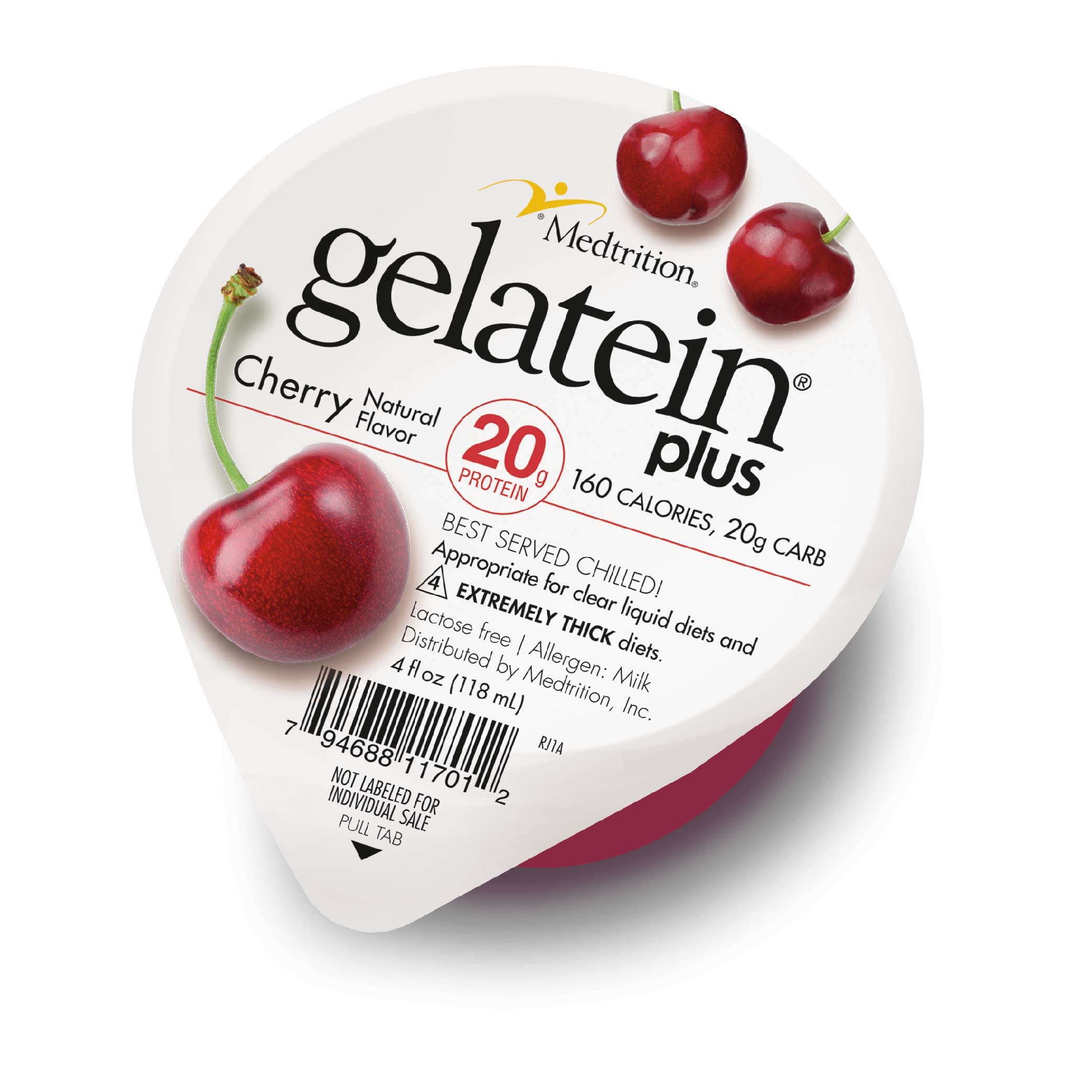 Medtrition Gelatein Plus Cereza en envase, fuente proteica para dietas claras.